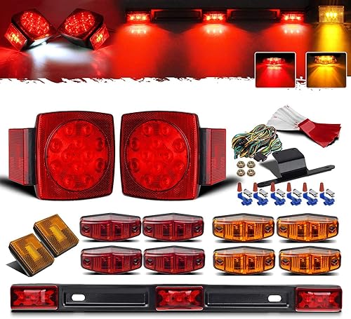 Partsam Kit de luces sumergibles para remolque de 12 V, kit de LED cuadrado + barra de luz de identificación roja/ámbar de 14 pulgadas + luces de