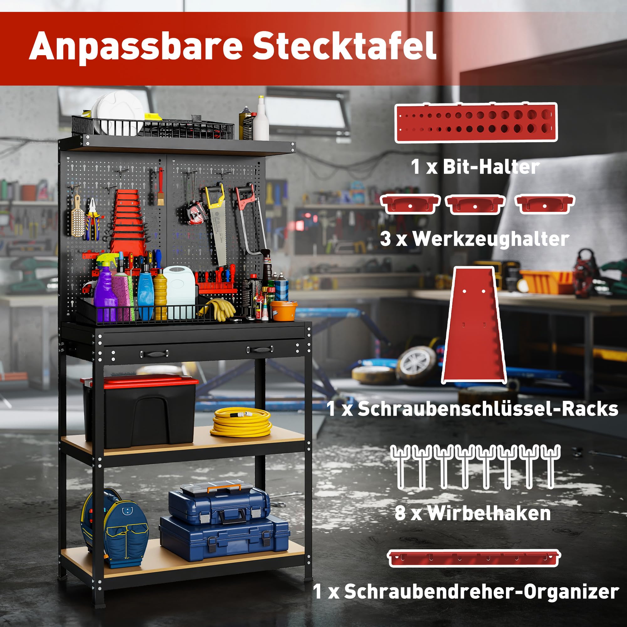 HOMCOM Werkbank 80 x 40,5 x 155 cm mit Lochwand, Haken Schublade Schwarz | Werkzeugbank, 2 Ablagen, Arbeitstisch, 240 kg Tragkraft, Werktisch aus Metall, für Werkstatt