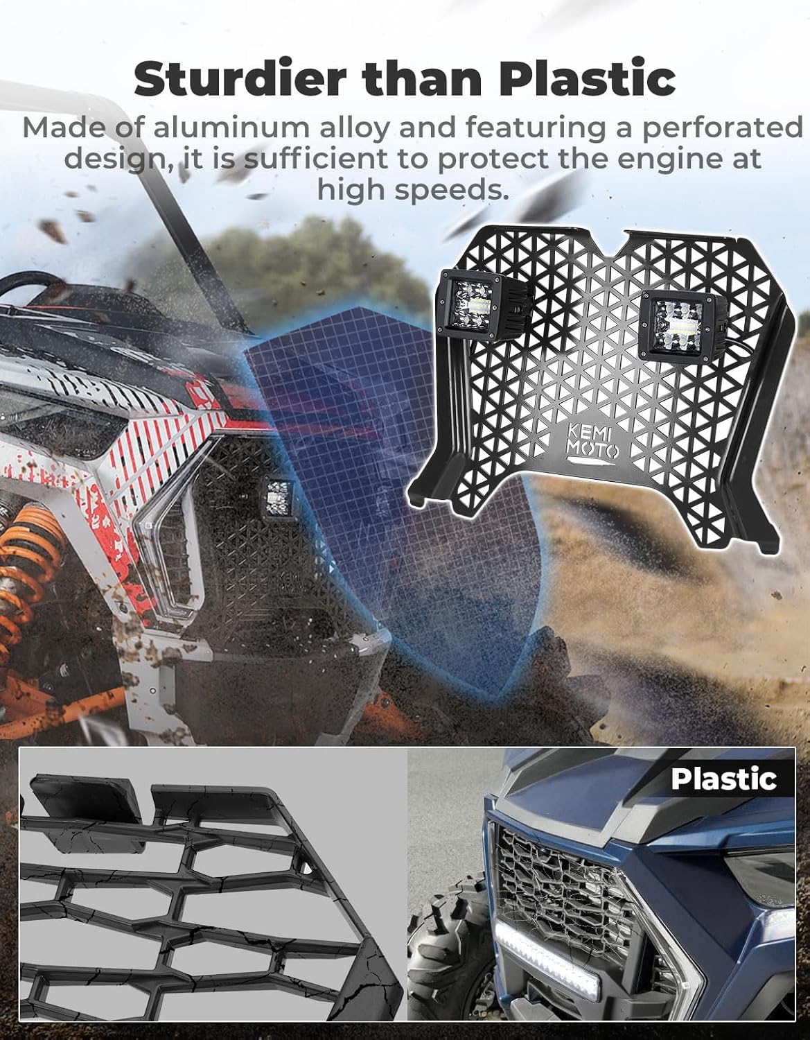 KEMIMOTO UTV Metal Front Grill Light Compatible with 2019-2023 Polaris RZR XP/XP4 1000/1000 S/Turbo/Turbo S, Black Mesh Grille with Waterproof LED Light Bar Accessories Replace 5455433-070