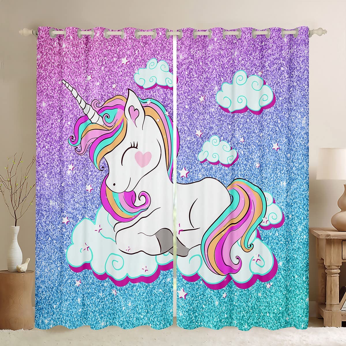 Loussiesd Mädchen Einhorn Vorhänge Mädchenhaft Glitzer Tier Dekor Fenstervorhang 245x140cm Pastell Regenbogen Verträumtes Pferd Blickdichte Vorhänge Rosa Blau Helles Schlafzimmer Dekor