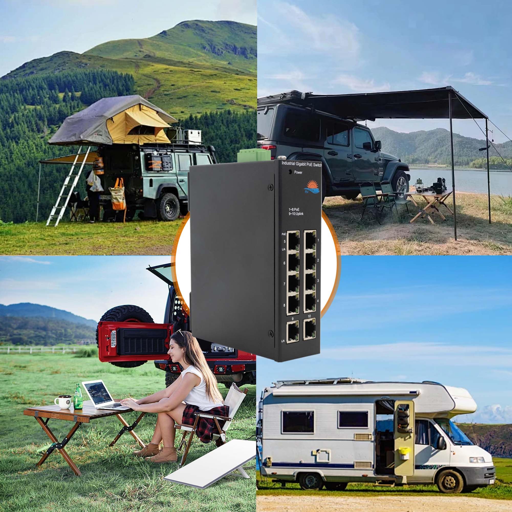 Interruptor industrial Gigabit PoE de 10 puertos con amplificador de voltaje y 8 puertos PoE IEEE802.3af/at de 30 W a 120 W, ideal para sistemas de energía solar/RV Truck/VoIP, soporta