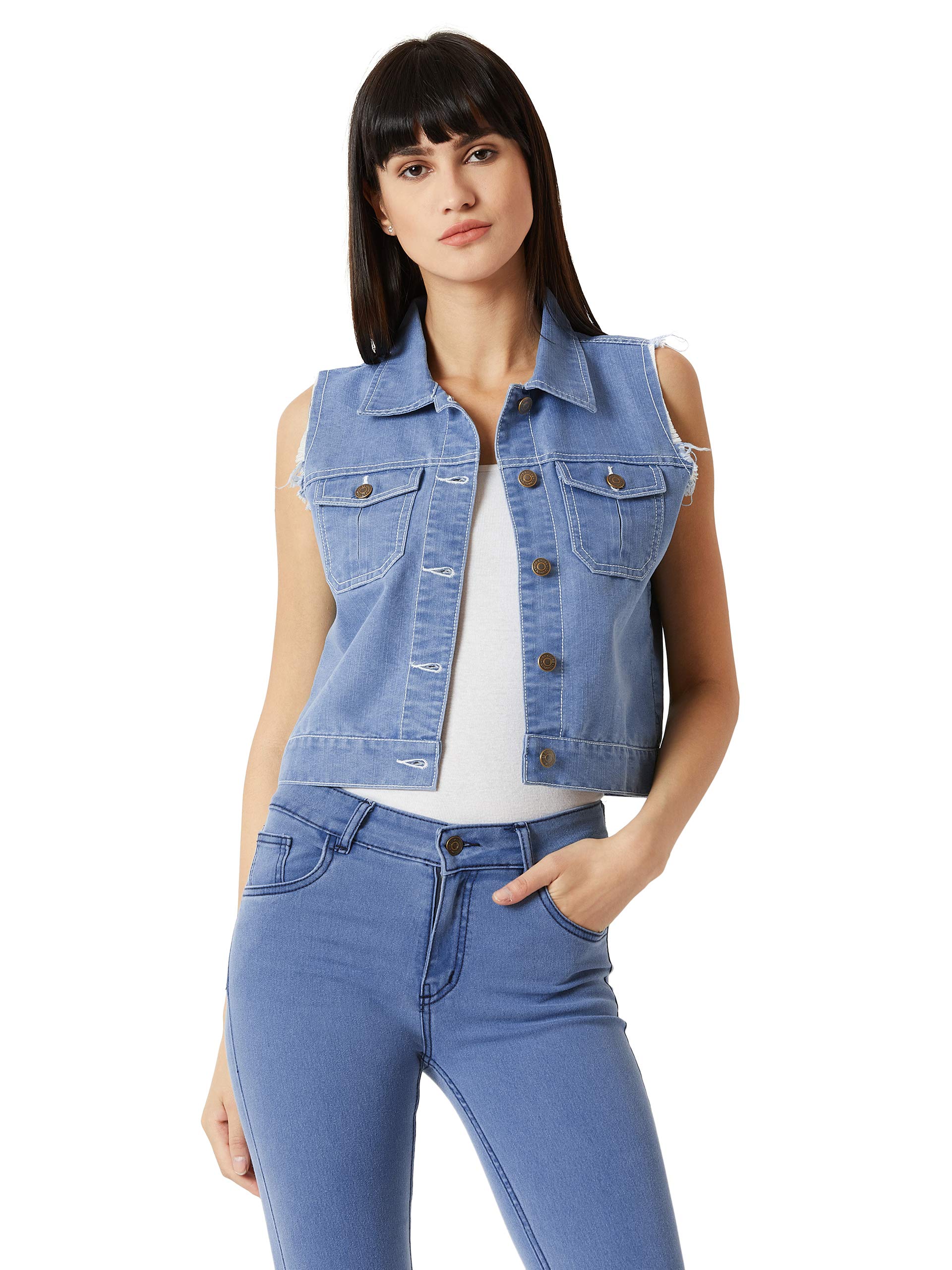 miss chase Women's Light Blue Polo Neck Sleeveless Denim Solid Buttoned Ice Wash Raw Edge Detailing Crop Denim Jacket-picture-16