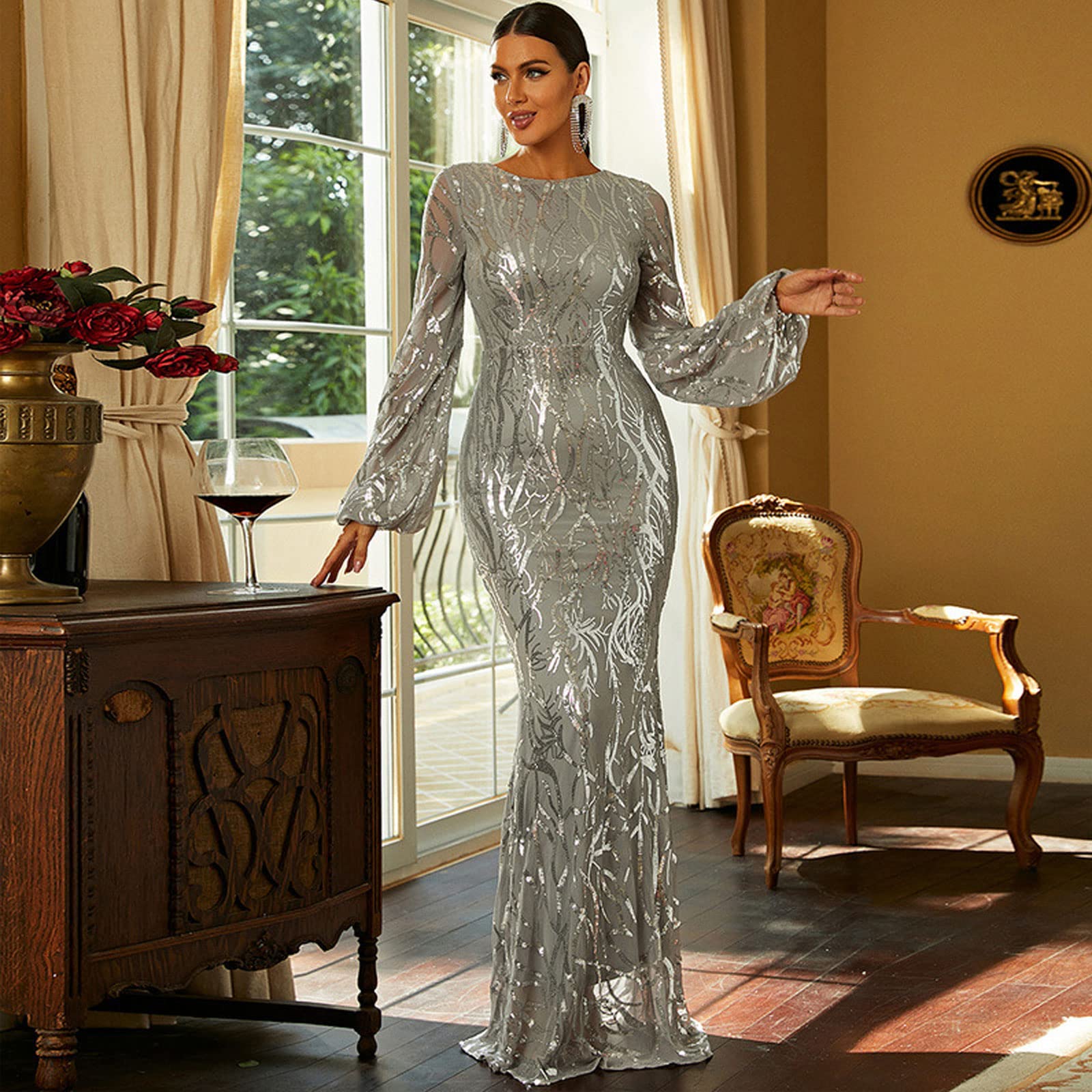 Vestido De Noche para Mujer, Sexy, De Manga Larga, con Lentejuelas, Ajustado, Formal, para Fiesta De Graduación, Pasarela, Ceñido, para Club Nocturno, Cóctel, Vesti,Grey-XL