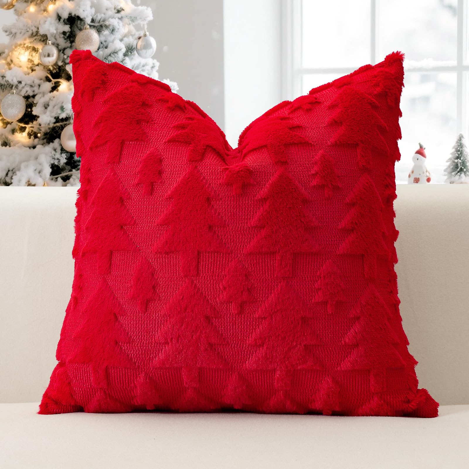 JOTOM Set of 1 Christmas Cushion Cover 50x50cm Christmas Tree Decorative Soft Throw Pillow Cover Plush Faux Fur Winter Holiday Pillow Case for Home Bed Couch Sofa Decor (Red)