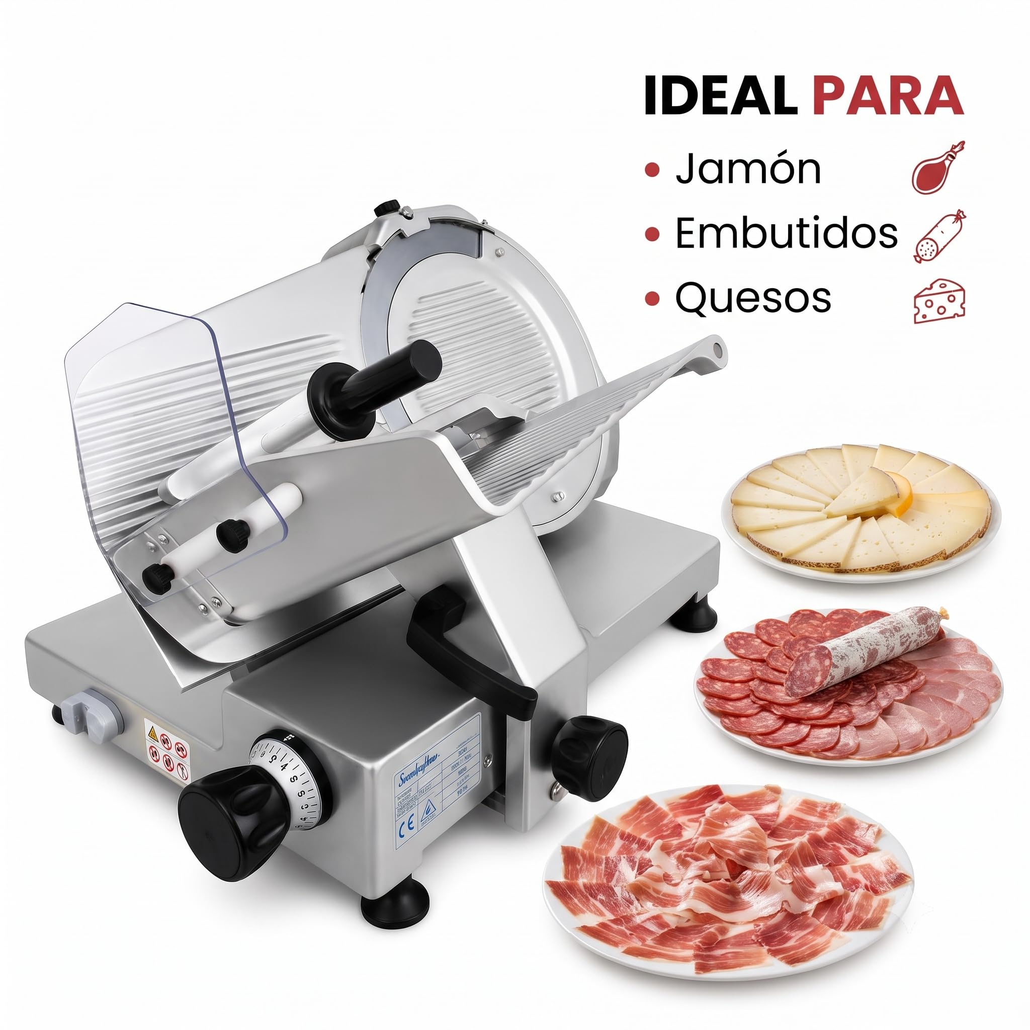 Cortadora de Fiambre Profesional SXE220 | Cortafiambres Eléctrico para Jamón y Embutidos | Cuchilla RASSPE 220 mm | Regulación 0-15 mm | Afilador Integrado | 240 W