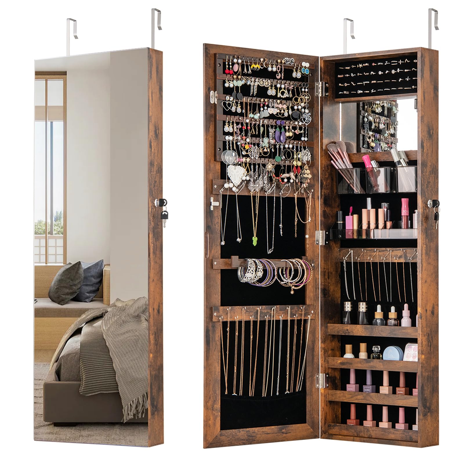 COSTWAY Armoire à Bijoux, Armoire à Bijoux Murale/de Porte avec Miroir Pleine Longueur et Miroir de Maquillage Intérieur, Cintres Réglables, Verrou, Doublure Douce, pour Chambre (Marron Rustique)