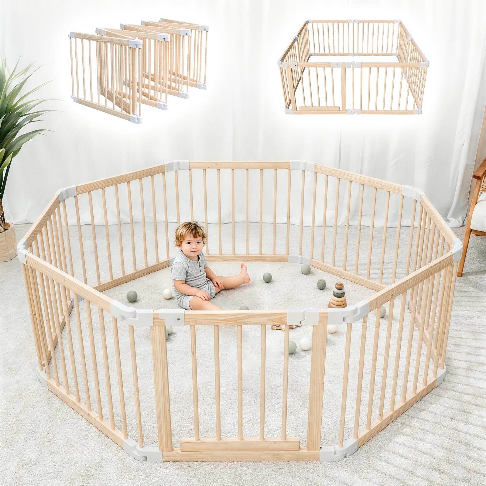 Baby Playpen Wooden Foldable Playpen for Babies and Children 141 x 141 x 61 cm