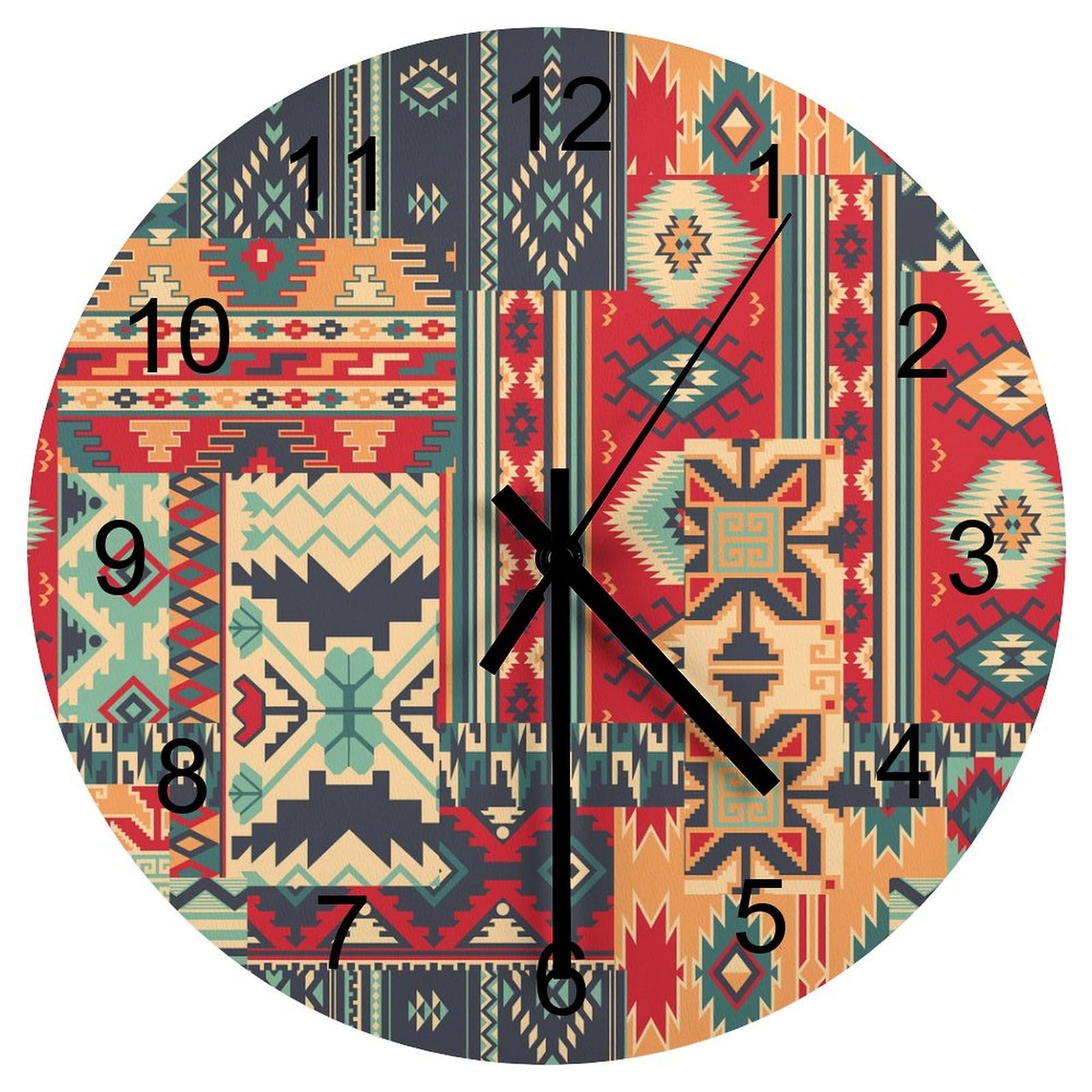 LOMADIA Aztec Wood Wall Clock, Southwest Tribal Navajo Abstract Aztec Fancy Geometric 12 Inch Silent Non-Ticking Battery Operated Round Clock for