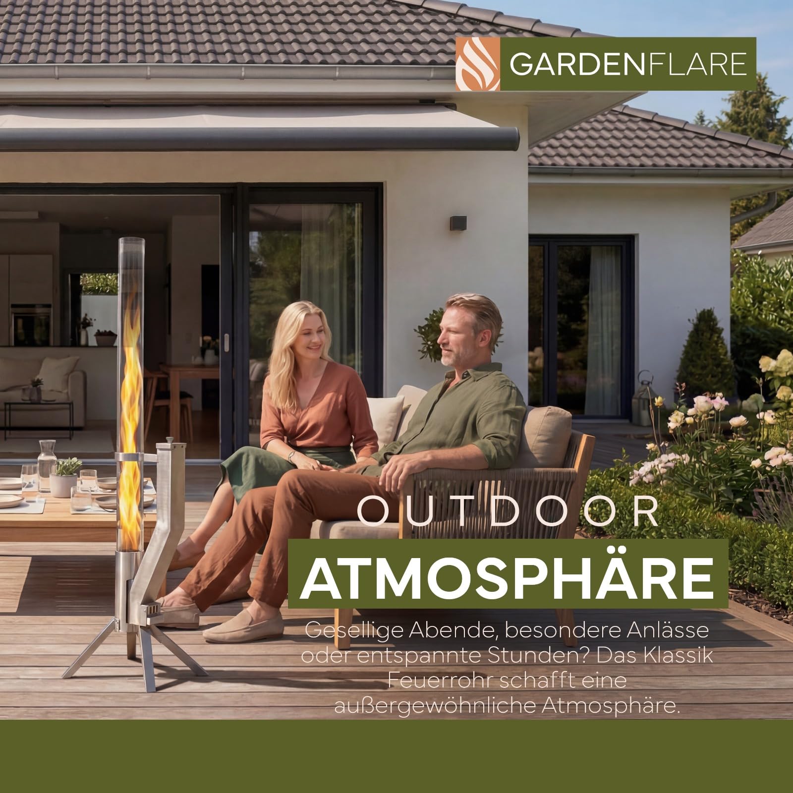 GARDENFLARE Feuerrohr Klassik – Edelstahl Feuersäule und Pelletfackel für tolles Ambiente Feuer – Alternative zu Feuerschale & Gartenkamin für Deine Terrasse (Silber)