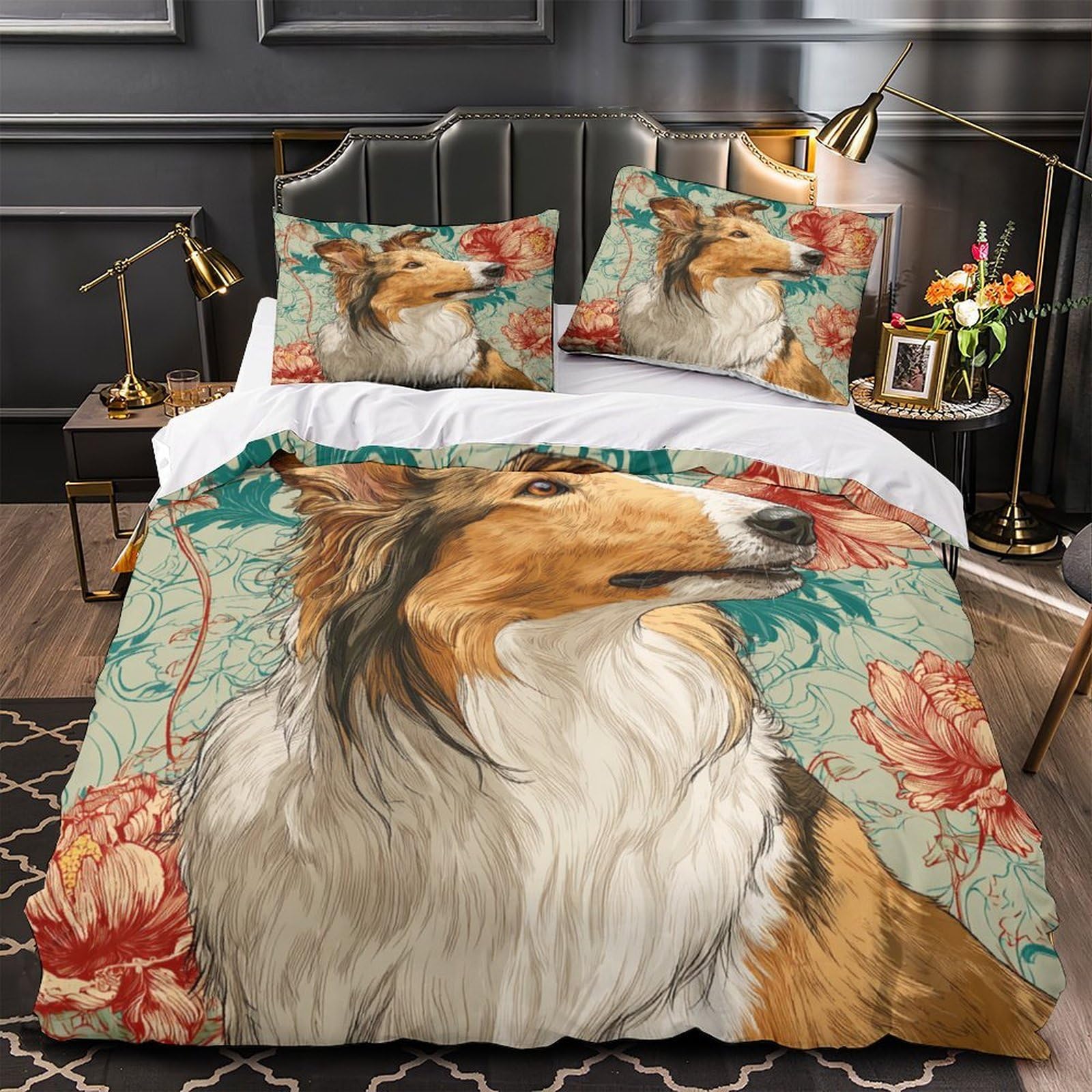 MMDASBVPE Collie Dog Portrait Quilt Cover 3D Print Hypoallergenic 3PCs Bed Linen Hidden Zipper Comforter Cover Luxury Breathable for Adults Teens Women Kids Girls Boys Youth Single（140x200cm）