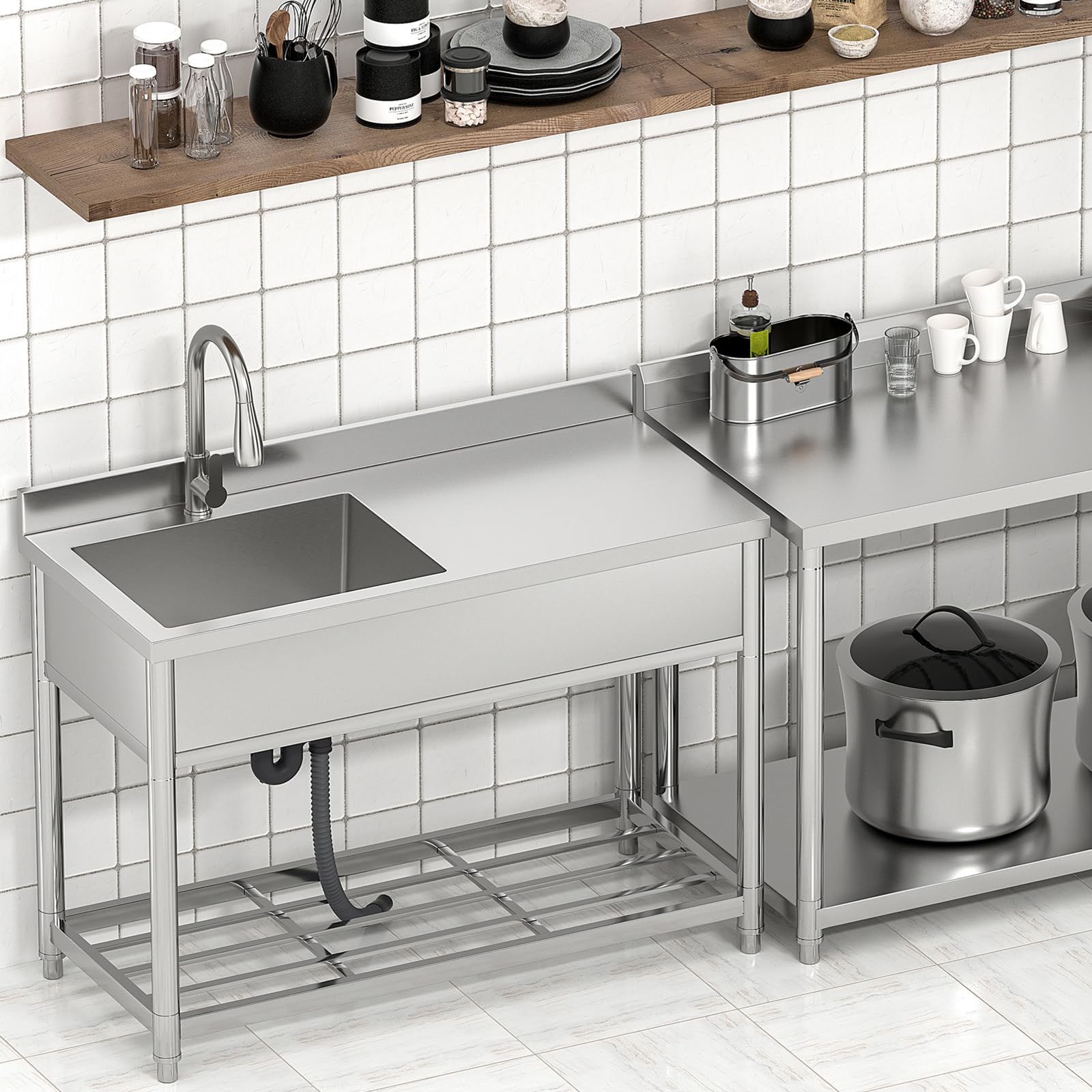 Freistehende Edelstahl Spültisch Gastro mit Werkbank, Gewerbliche Küchenspüle mit Ausziehbarem Wasserhahn, Outdoor Spüle für Küche Garage Waschküche Restaurant, 55T x 120B x 94H cm