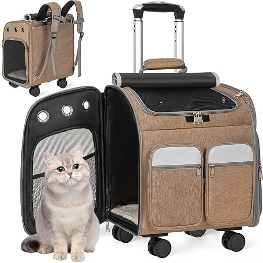 OUUTMEE Con carro 2 en 1 hasta 20 kg, mochila para gatos grande, bolsa de transporte con ruedas, para gato/perro/conejo/mascotas,mochila multifuncional, transpirable, caqui