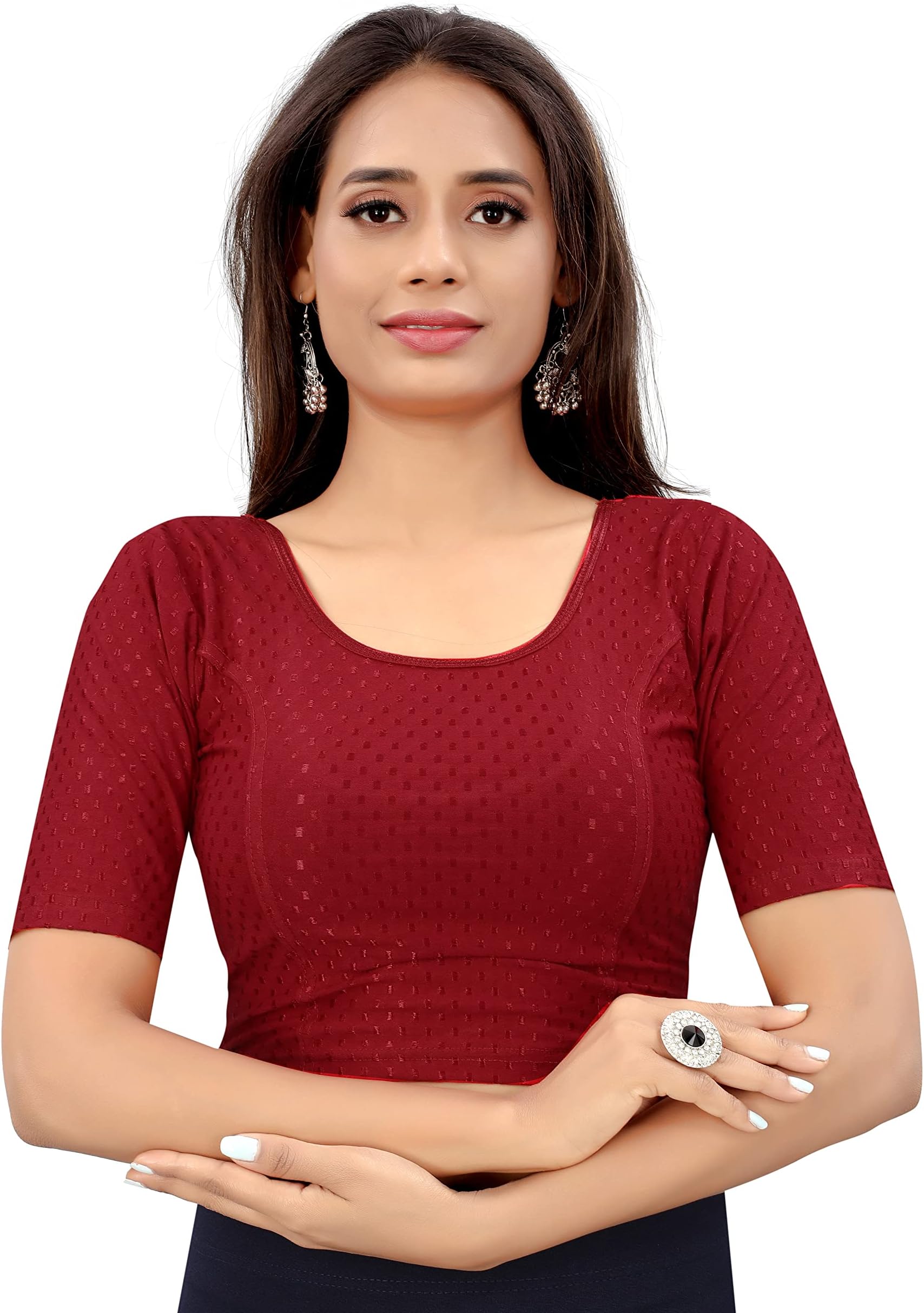Round Neck Dobby Cotton Lycra Stretchable Elbow Sleeve Readymade Saree Blouse for Women Stylish