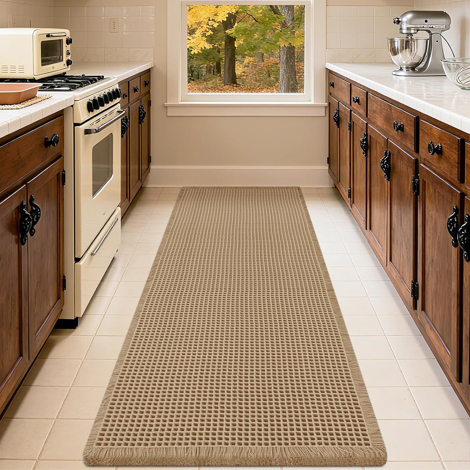 Extra Large Waffle Bath Mat Beige 6'x2'(72" x 24"), Boho Woven Modern Bath Mat Rugs, Absorbent Non Slip Bathroom Rugs, Soft Washable Bath Rugs with Tassels for Bathroom, Bedroom, Kitchen, Shower, Tub - Image 3