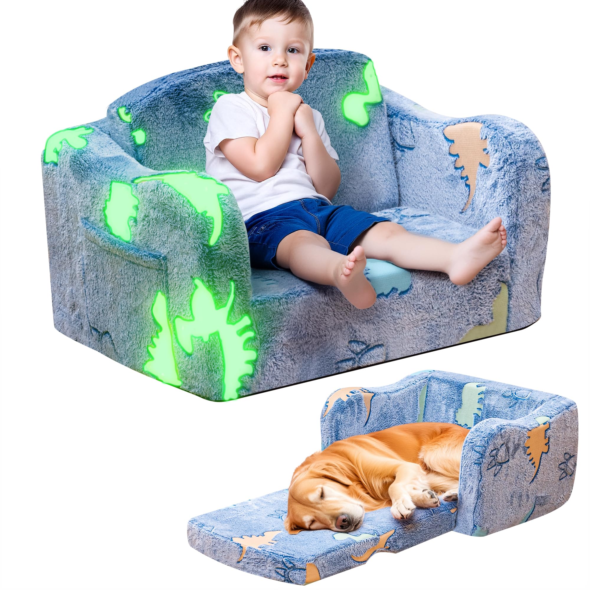 Lamerge 2-in-1 Toddler Couch,Glow in The Dark Baby Floor Bed,Foldable Toddler Chair Kids Sofa for playroom,Convertible Sofa to Lounger for Girls and