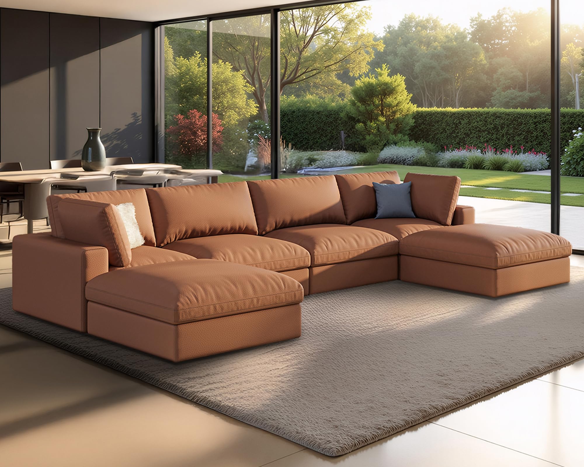 Jocisland 152 Modular U-Shaped Sectional Sofa 6-Seater Down Feather-Filled Cloud Couch with Chaise Ottoman Oversized Brown Anti-Scratch Leathaire