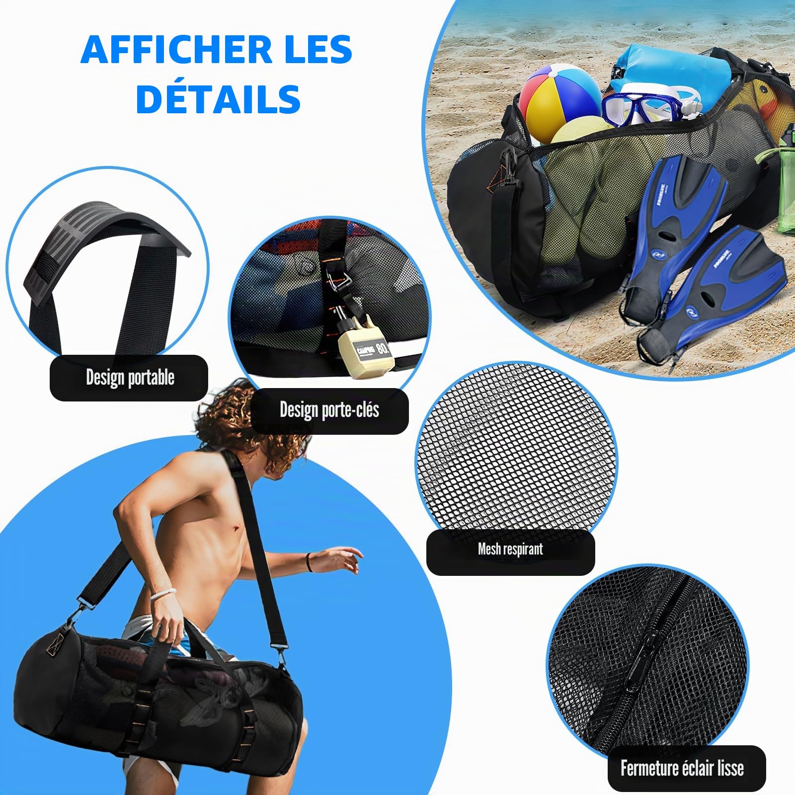 Sacs de Plongée Grande, Sac de Plage en Filet pour Plongée, Grand Sac de Plage en Maille avec Fermeture Éclair, SacMaille Noire en Nylon, Sacs d'Équipement de Sport pour Voyage