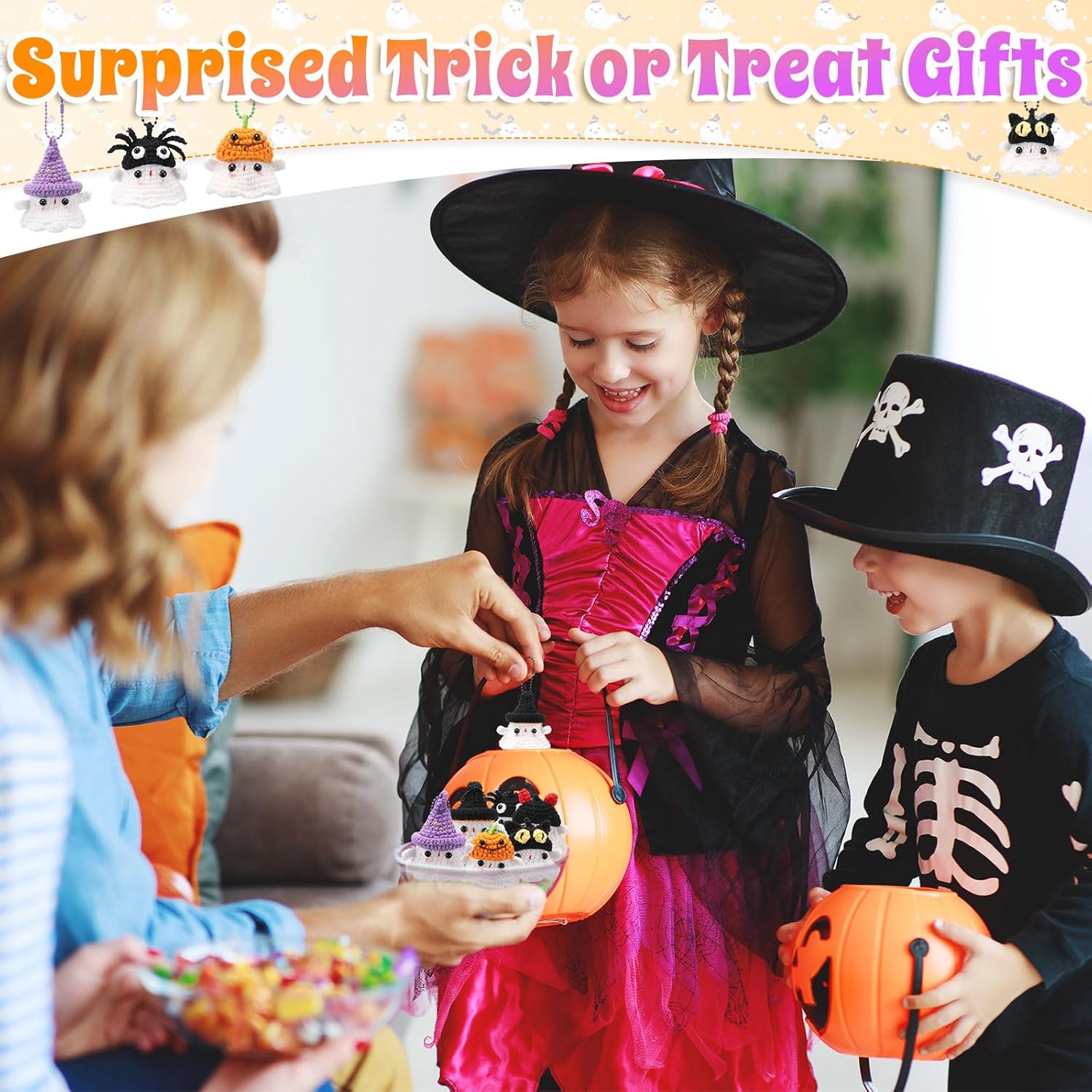 12 Pcs Ghost Crochet Halloween Positive Mini Crochet Ghost Emotional Knitting Doll Set Creative Encouragement Support for Halloween Birthday Gift