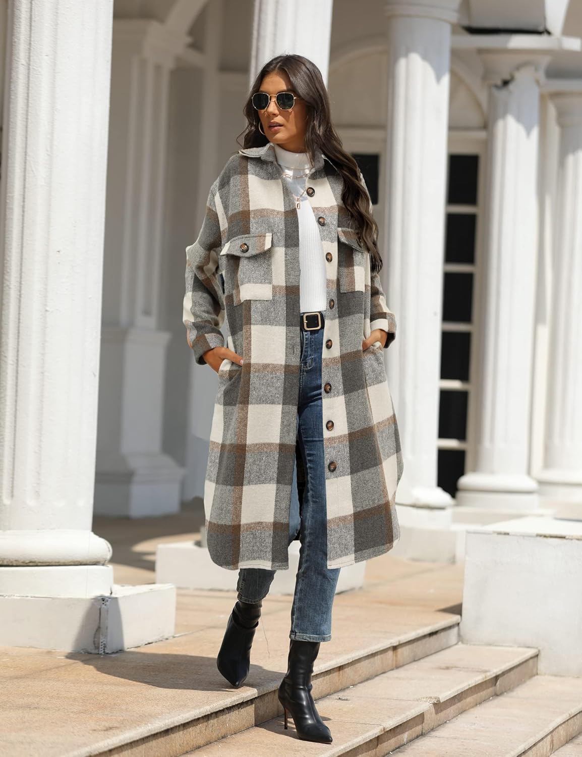 PUWEI Women's Long Flannel Plaid Jacket Shacket Cozy Lapel Button Down Shirt Jacket Fuzzy Trench Coat - Image 5