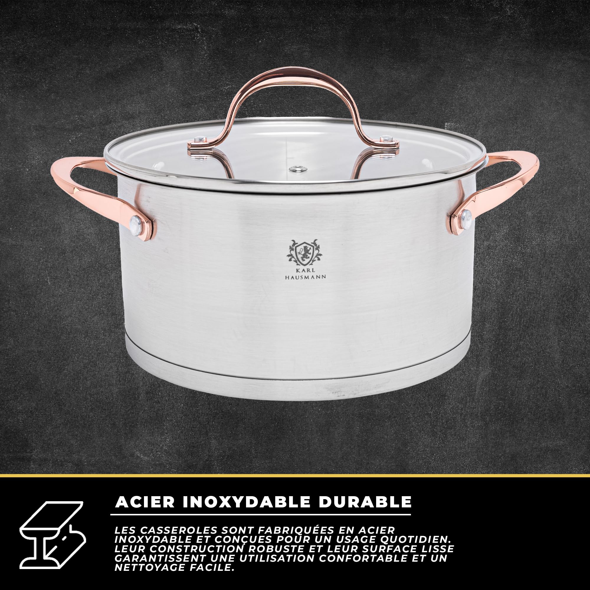 KARL HAUSMANN Lot de 3 Casseroles Induction Inox - Avec Couvercle Verre - Sans Revêtement - Compatibles Cuisinière, Gaz, Électrique - Graduation Intégrée - Set Casserole Tout Feux Cuisine