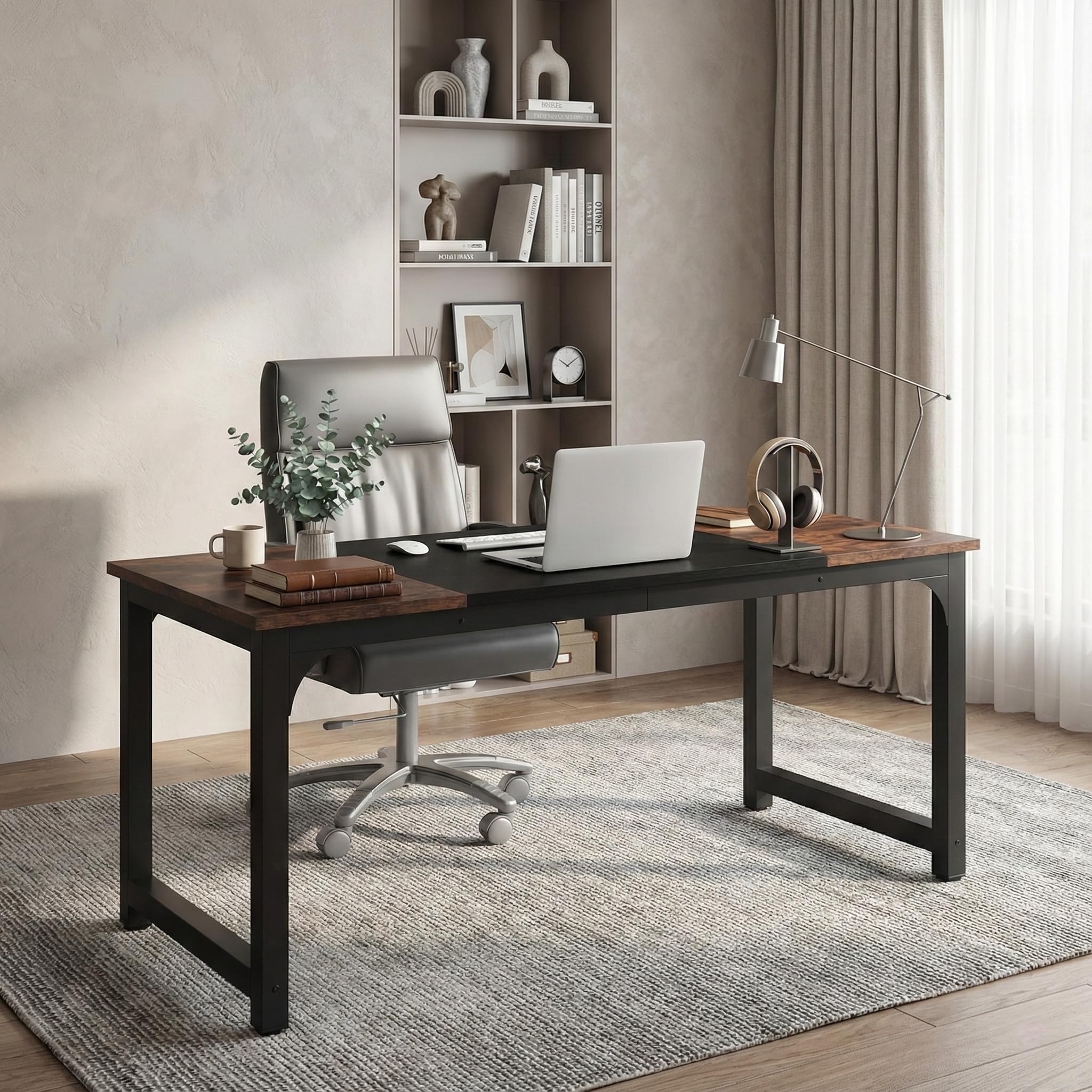 Lailang 160cm Escritorio de Oficina, Mesa portátil Ordenador, Mesa de Trabajo, Escritorio de Madera, Home Office, 160 x 80 x 75 cm, Marrón rústico y Negro