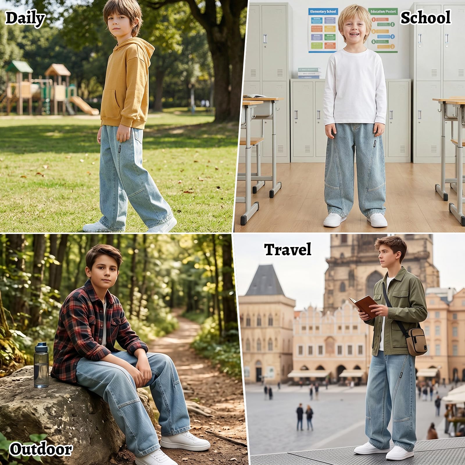 Jeans Ragazzo Baggy Loose Fit Pantaloni con Vita Elasticizzata Tasche Multiple Bambino Lunghi Denim Pants Moda Streetwear Casual Stretch Vintage Jeans per Ragazzi 7-15 Anni