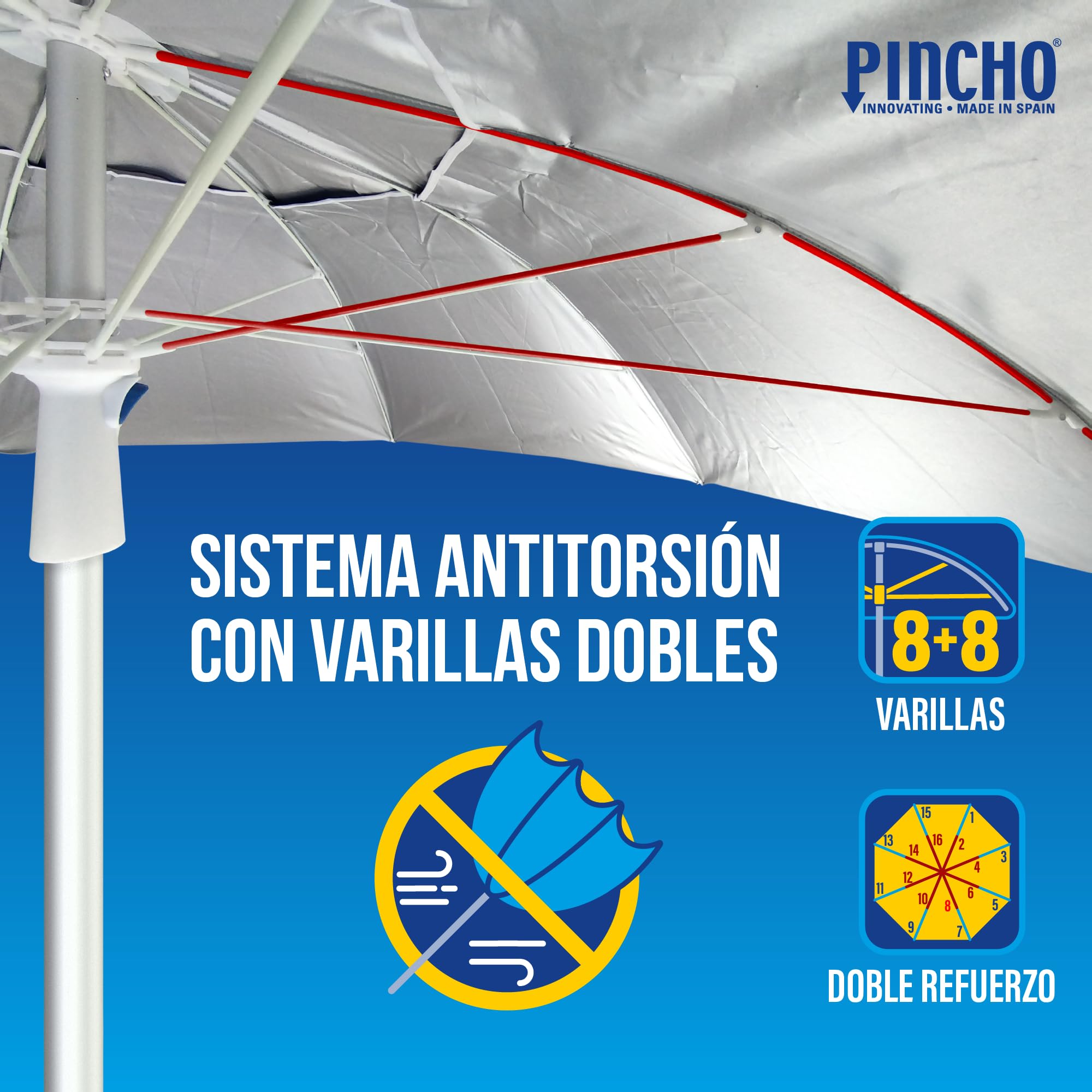 Pincho Sombrilla Playa Grande 200 cm, Antiviento Hasta 35 Km/h, Proteccion UV 50, Aluminio, 8+8 Varillas Fibra de Vidrio, Tubo 22-25 mm, Palo Reclinable, Montaje Rapido 30 Segundos, Bolsa Transporte