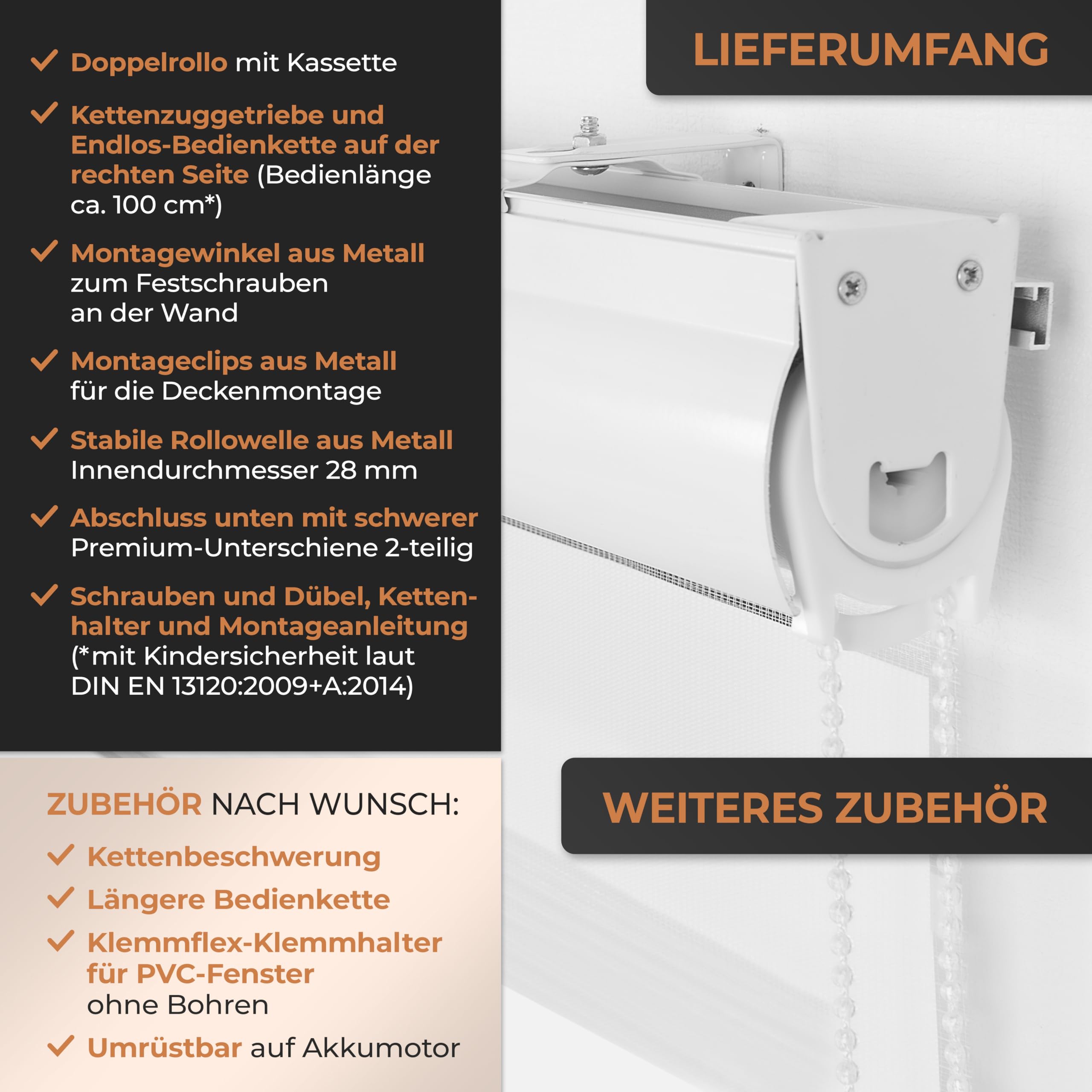 EFIXS Doppelrollo mit Kassette Montage Wand/Decke mit Bohren Breiten: 40-220, Höhe: bis 240 Hier: BxH (80 x 175) cm (Grau Struktur) Premium Duorollo, oder ohne Bohren mit Klemmhalter am PVC-Fenster