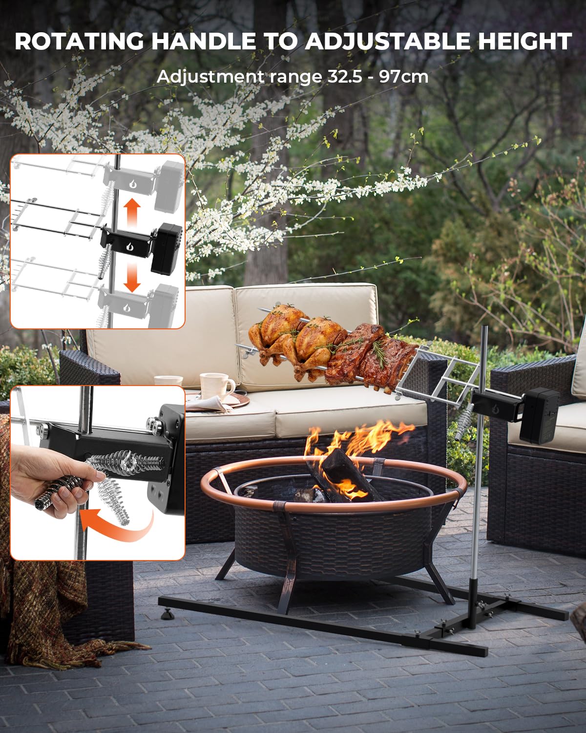 Onlyfire Edelstahl Spanferkelgrill mit Motor, Elektrischer Drehspieß, Höhenverstellbarer Spießgrill, Grillspieß Set für Feuerstelle, Lagerfeuer und Holzkohlegril, 3-Fach Stromversorgung | Verstellbarer Grillspieße für den Außenbereich, Belastung 10 kg, Mo