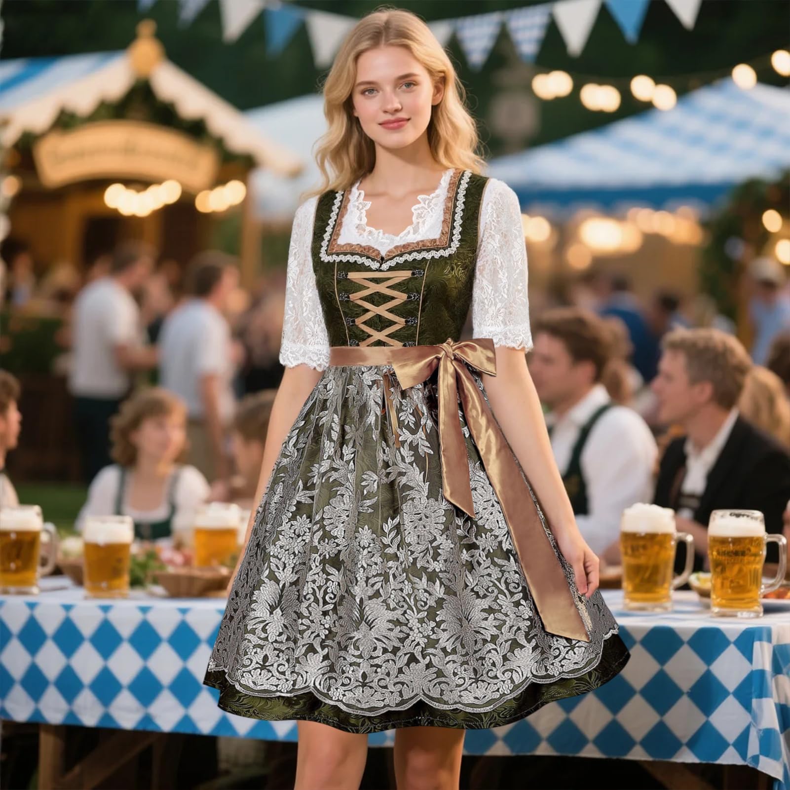 Oktoberfest Outfits für Damen, Trachtenkleid Trachtenmode für Oktoberfest, Dirndl Damen Midi Grün Oktoberfestkleider