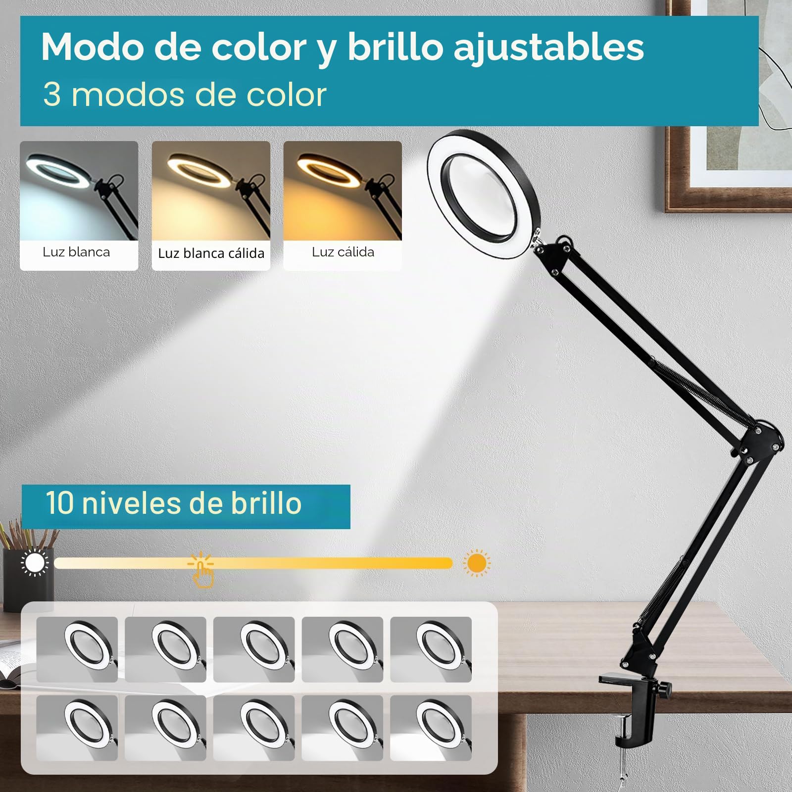 Lupa 15X con luz y soporte | 3 modos de color, lámpara de lupa con luz LED, para leer, pasatiempos, manualidades, costura, para personas mayores
