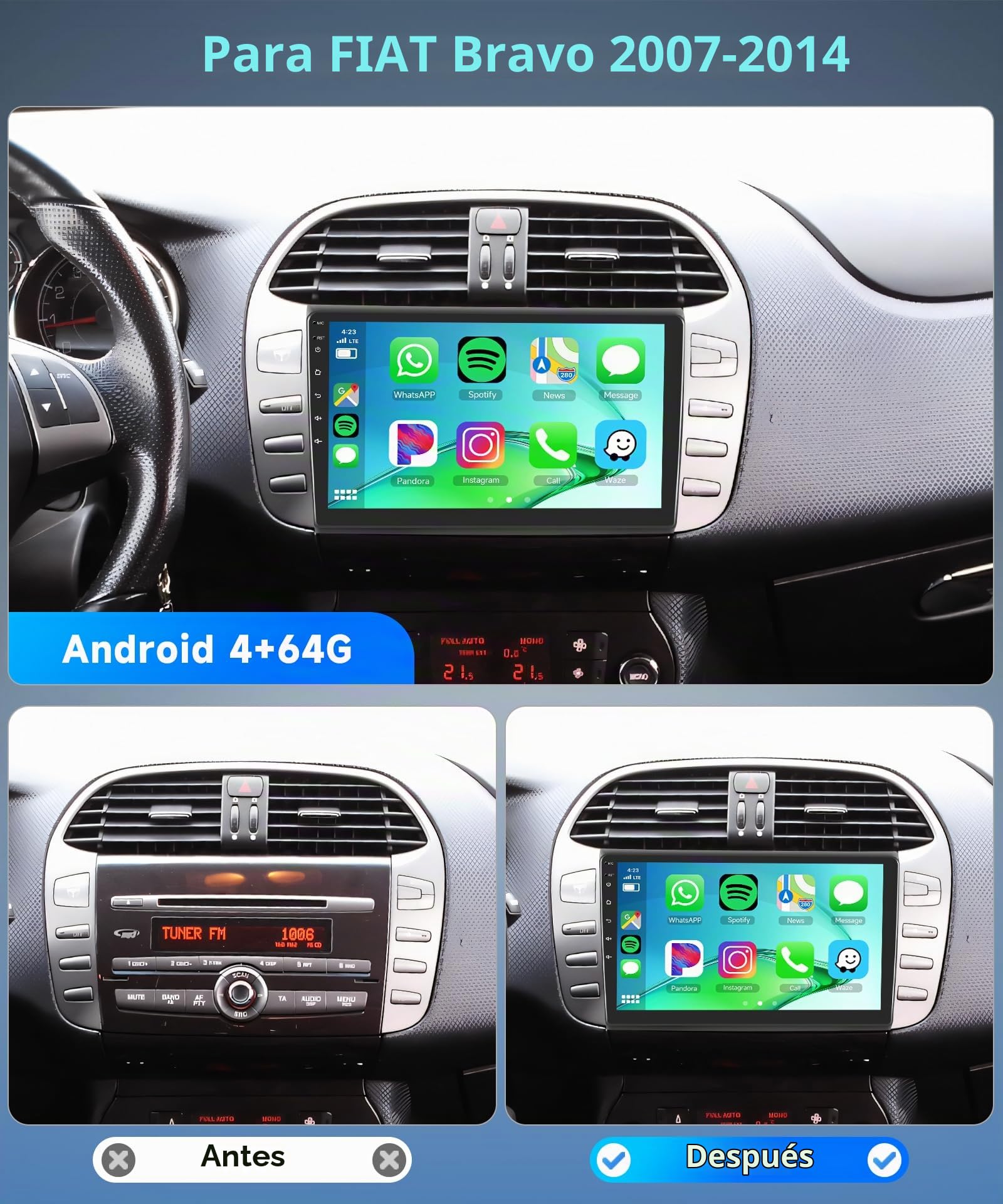 4G+64G Android Radio de Coche para FIAT Bravo 2007-2014 Carplay Wireless 9 Pulgadas HD Bravo Radio con Android Auto Navegación GPS Bluetooth WiFi/FM/RDS/EQ Controles del Volante Cámara Trasera