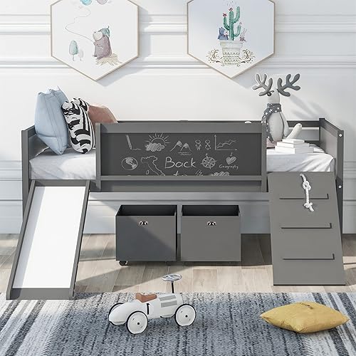 Harper & Bright Designs Cama tipo loft para niños con tobogán, marco de cama baja de madera de tamaño individual con dos cajas de almacenamiento