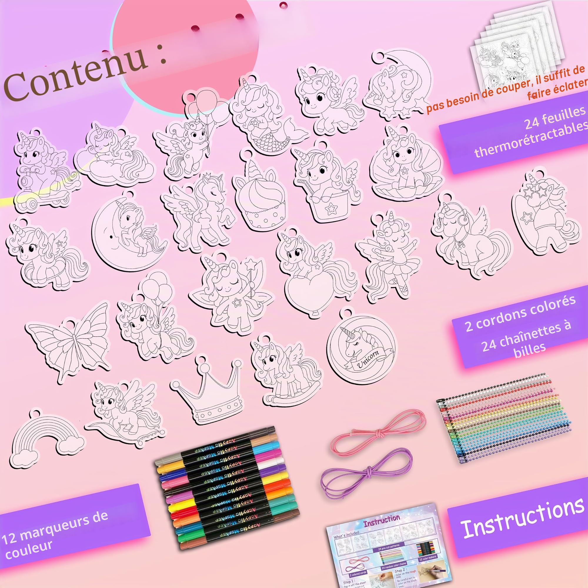 63 pièces Kit de loisirs créatifs Licorne en film rétractable pour enfants, 24 modèles enchanteurs, 12 stylos à double pointe, colliers de perles,rubans cirés et porte-clés à peindre soi-même À partir