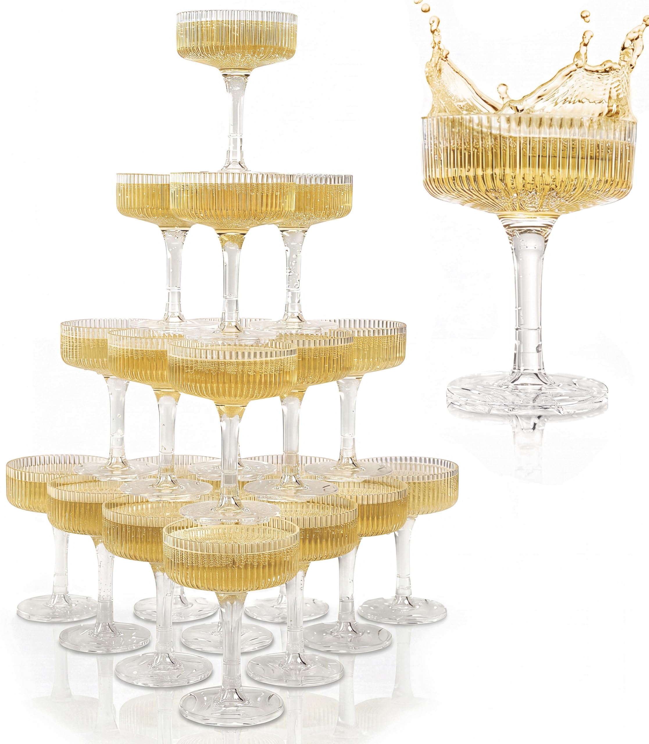 Ksestor Champagne-Turm – 21-teiliges Set aus 7oz Kunststoff Champagner-Coupes – Klar | Stapelbare Champagnergläser für Hochzeiten, Partys, Events und Gastgeber - Bruchfest - BPA-frei