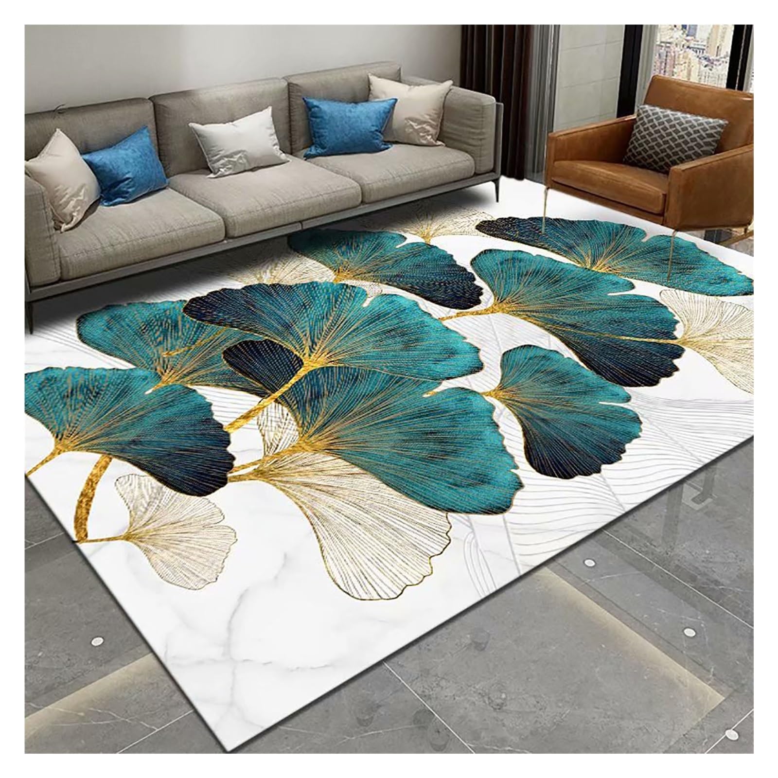 Tapis lavable pour animaux motif ginkgo vert 140x200 anti-glisse et facile à nettoyer