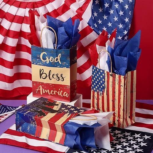Miniatura 5 de PerKoop 32 bolsas de regalo patrióticas con asas, 4 de julio, con papel de seda, bolsas de papel de bandera estadounidense, decoración patriótica