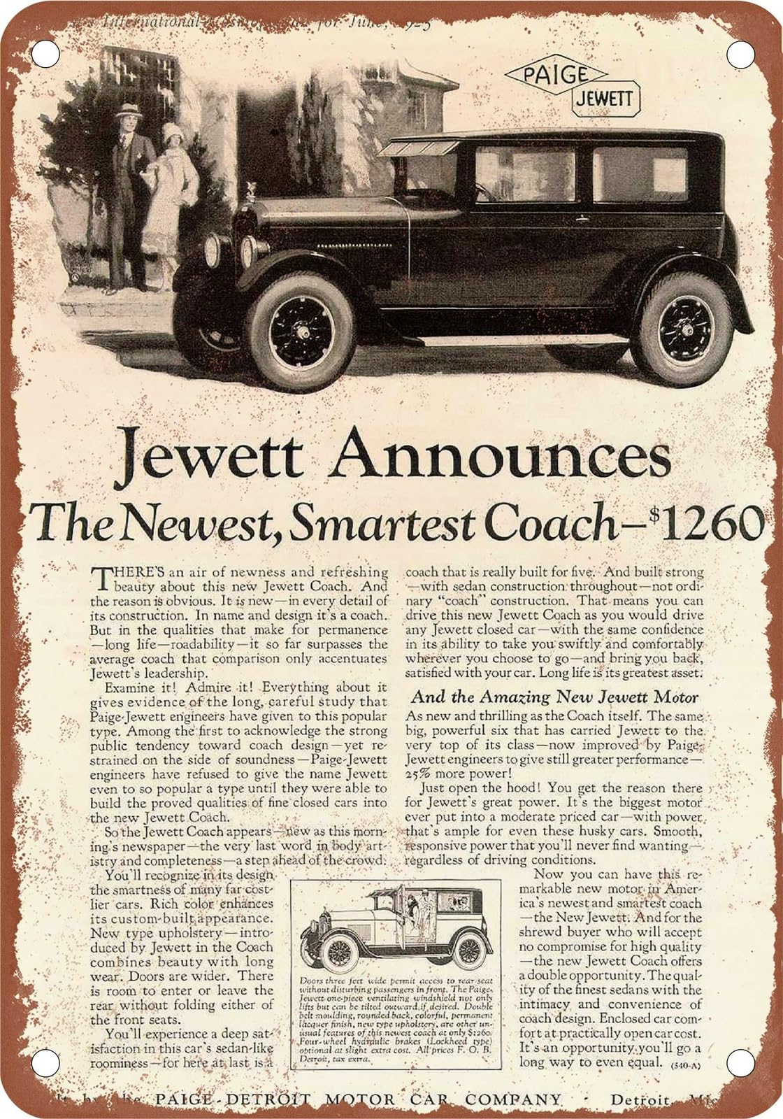 Miaomansenstore Metal Sign - 1925 Jewett Vintage Ad 01 - Old Retro Rusty Look Home Decor
