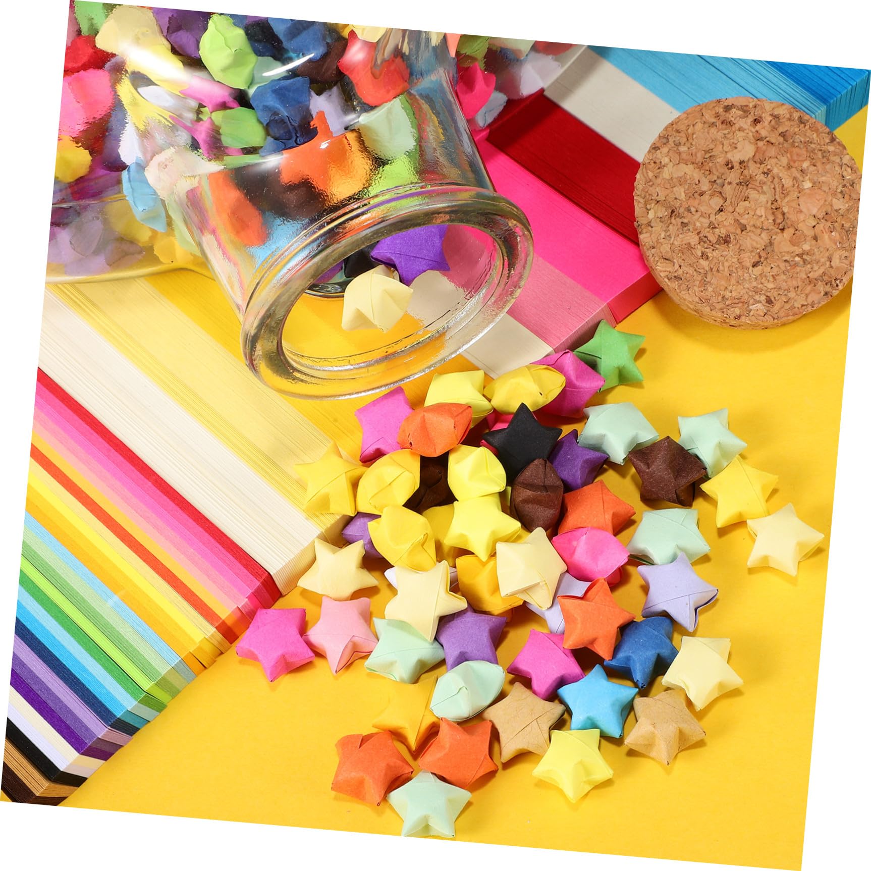 TEHAUX Origami Stern Papierstreifen Satz mit Farbigem Doppelseitigem Papier und Kleinen Glasfläschchen mit Korkdeckeln für Kreative Bastelideen und Geschenke zum Zufällige Farbe