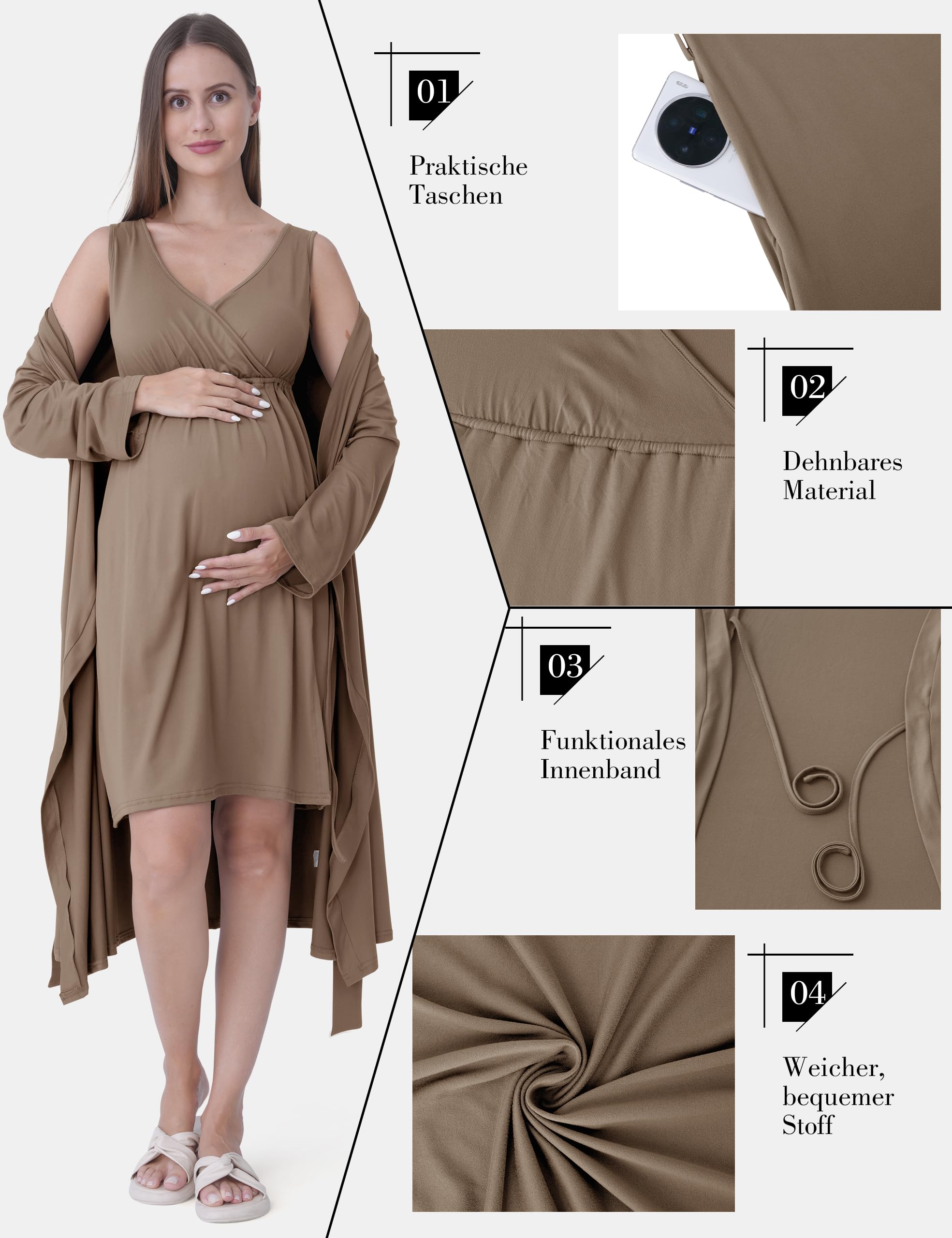 SUNNYBUY Camicia da notte premaman e allattamento con vestaglia, 2 pezzi, marrone, M | Biancheria da notte 3 in 1, per la nascita e il letto settimanale, adatta all'allattamento, vestaglia con tasche