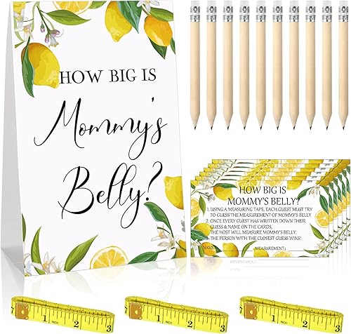 Sabary 64 juegos de baby shower incluyen How Big is Mommy's Belly Sign Bump Game 50 tarjetas, 10 lápices, 3 cintas métricas para baby shower,