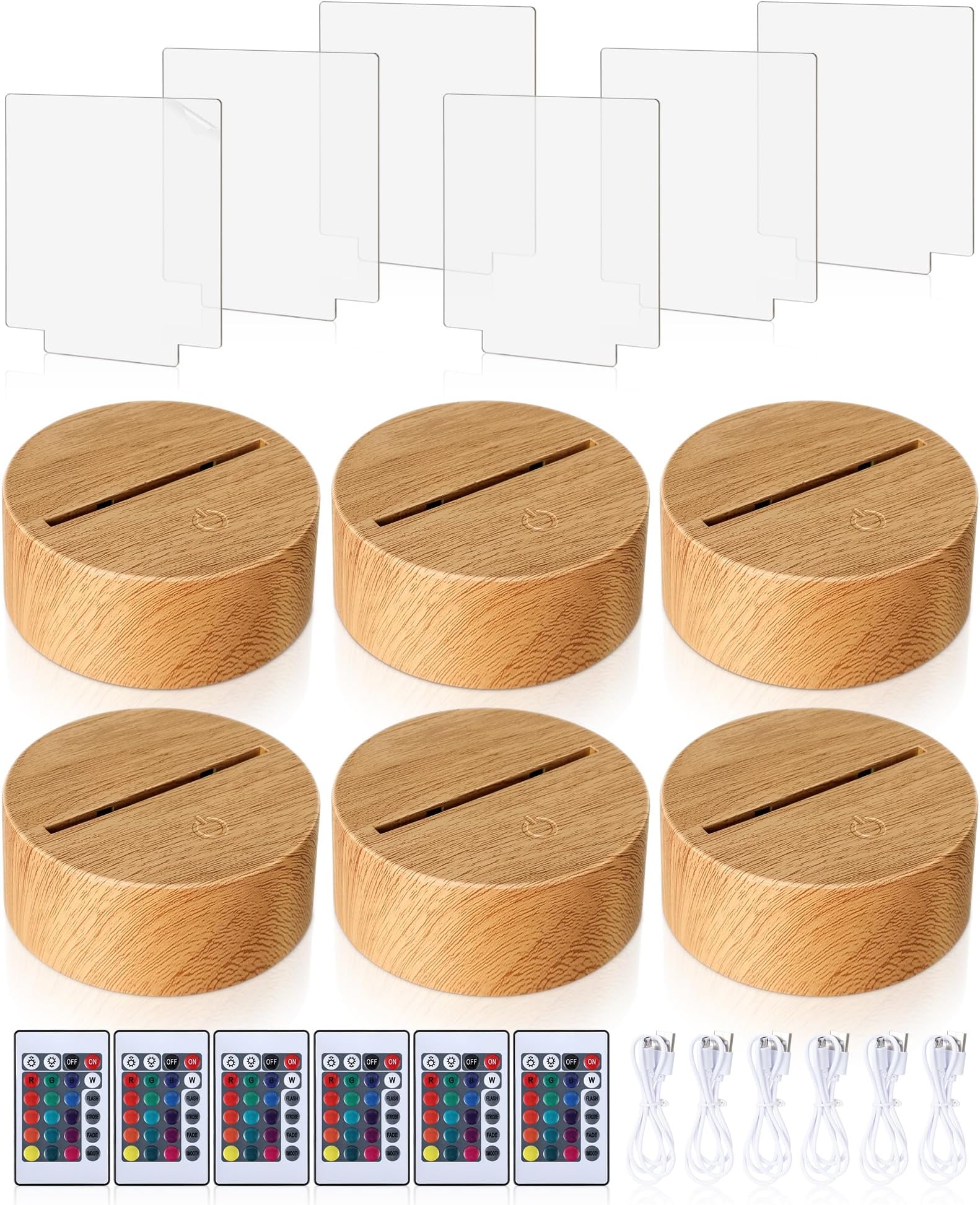 Baquler6 Pcs Clear Acrylic Blank Sheets 6 Pcs 3D Night LED Light Lamp Base with Remote Control USB Cable 16 Color 4 Mode Wood Color DIY Lamp Base Set for Room Bar Decoration(Square)