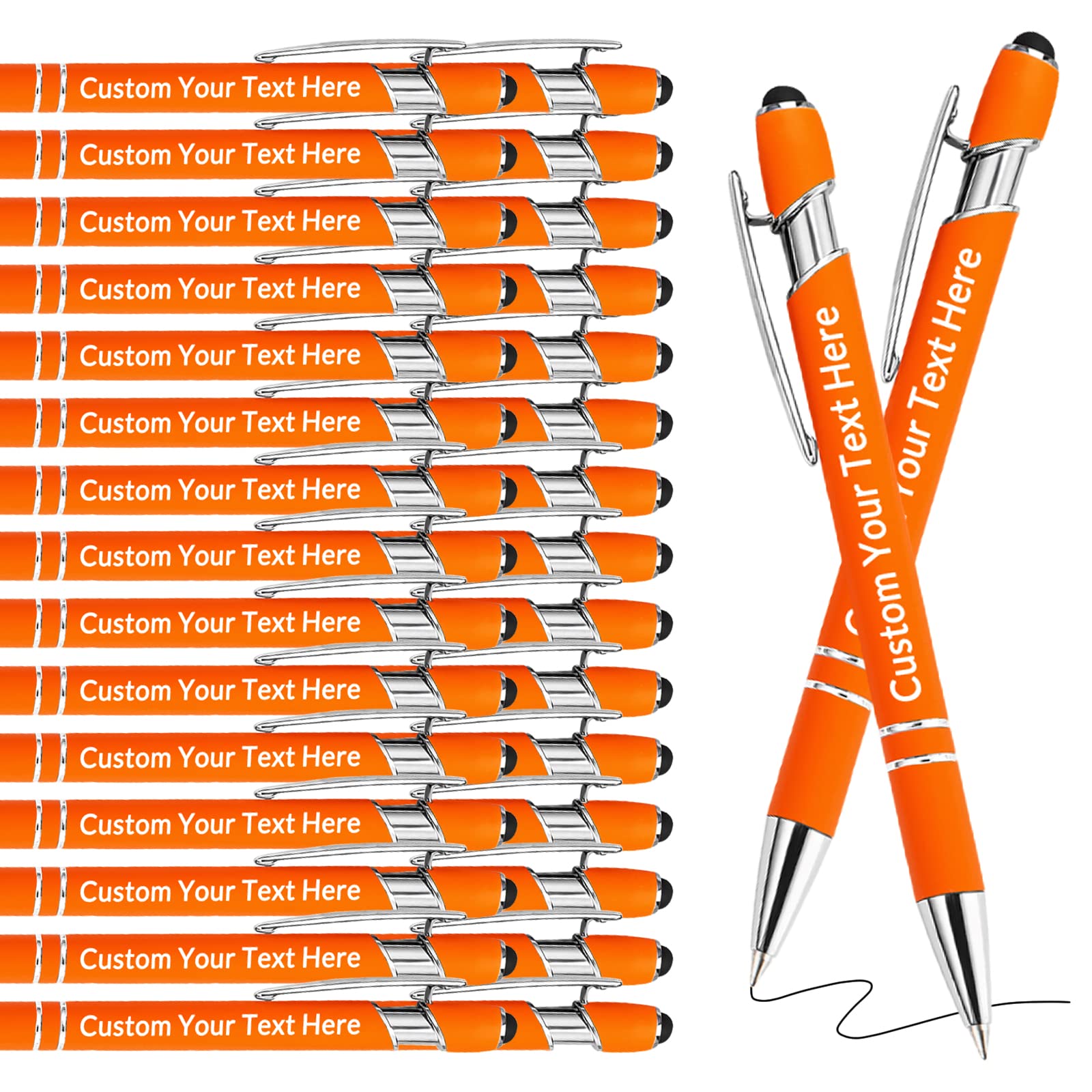 Personalised Pens Bulk Custom Pens with Logo Name 50 Pack Free Engraved Stylus Ballpoint Pens Customised Retractable Pen Message Text Gift for Men Women Black Ink Business Graduation Birthday Orange