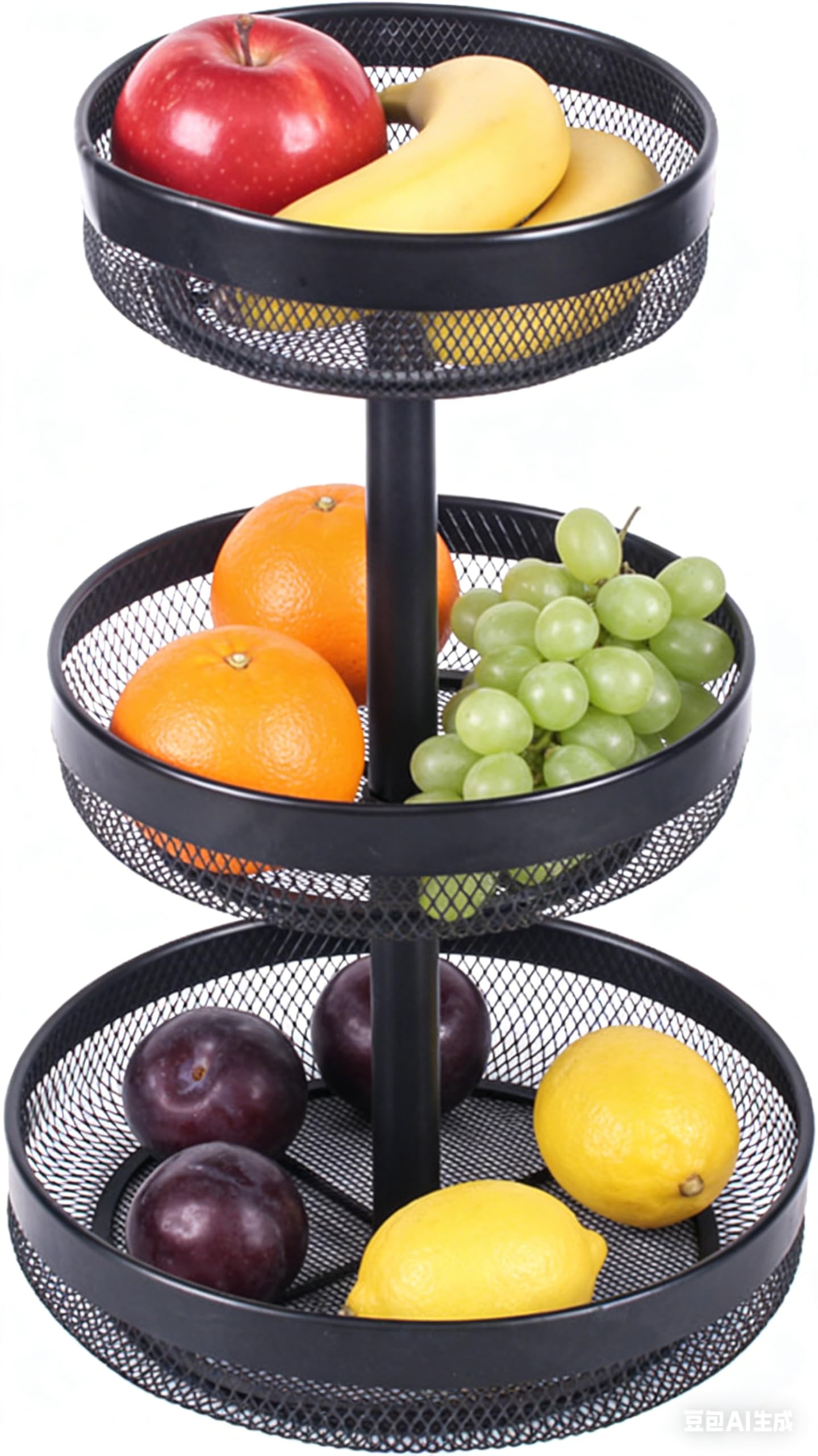 Cesta de frutas de malla metálica negra con 3 niveles para mesa de cocina