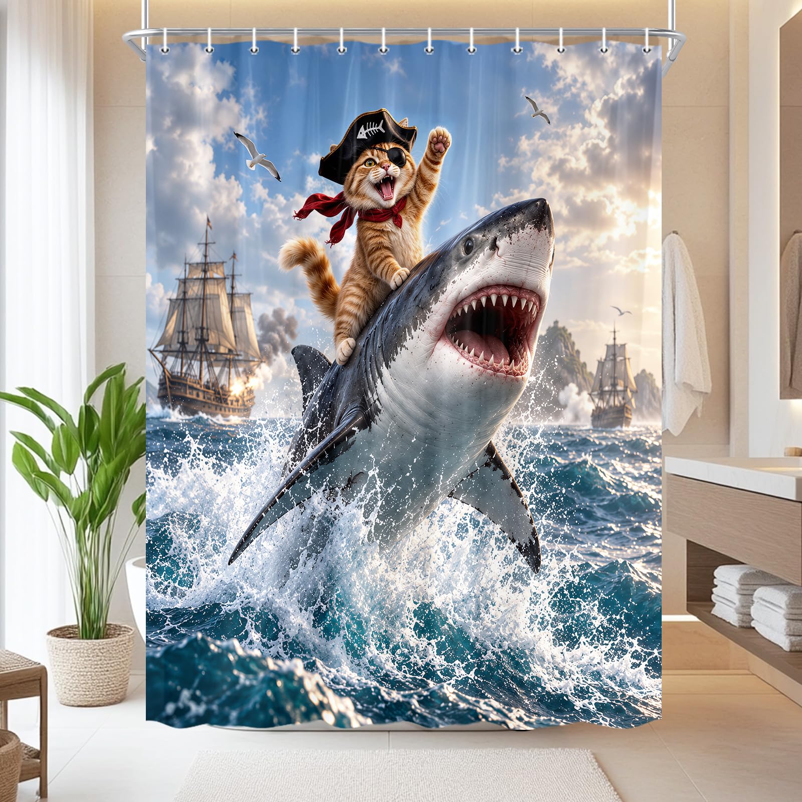 Boziqr Funny Pirate Cat Riding Shark Shower Curtain 48x70 Inch