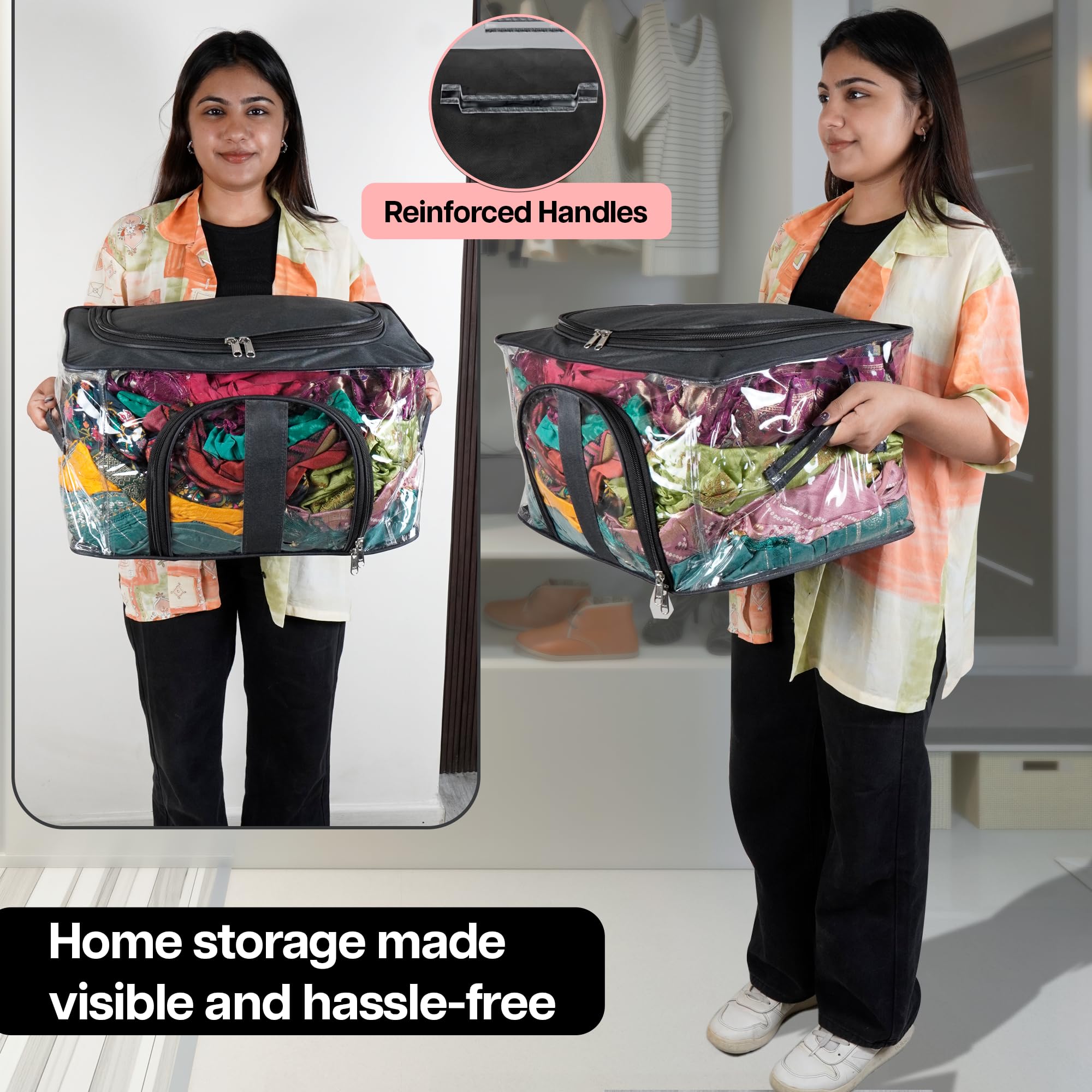 Storite Aufbewahrungsbox aus Nylon, 33 l, PVC, transparent, feuchtigkeitsbeständig, für Kleidung, Schrank, Kleiderschrank, Organizer, Saree-Taschen für Kleidung, mit Tragegriff, Schwarz, 44 x 31 x 24
