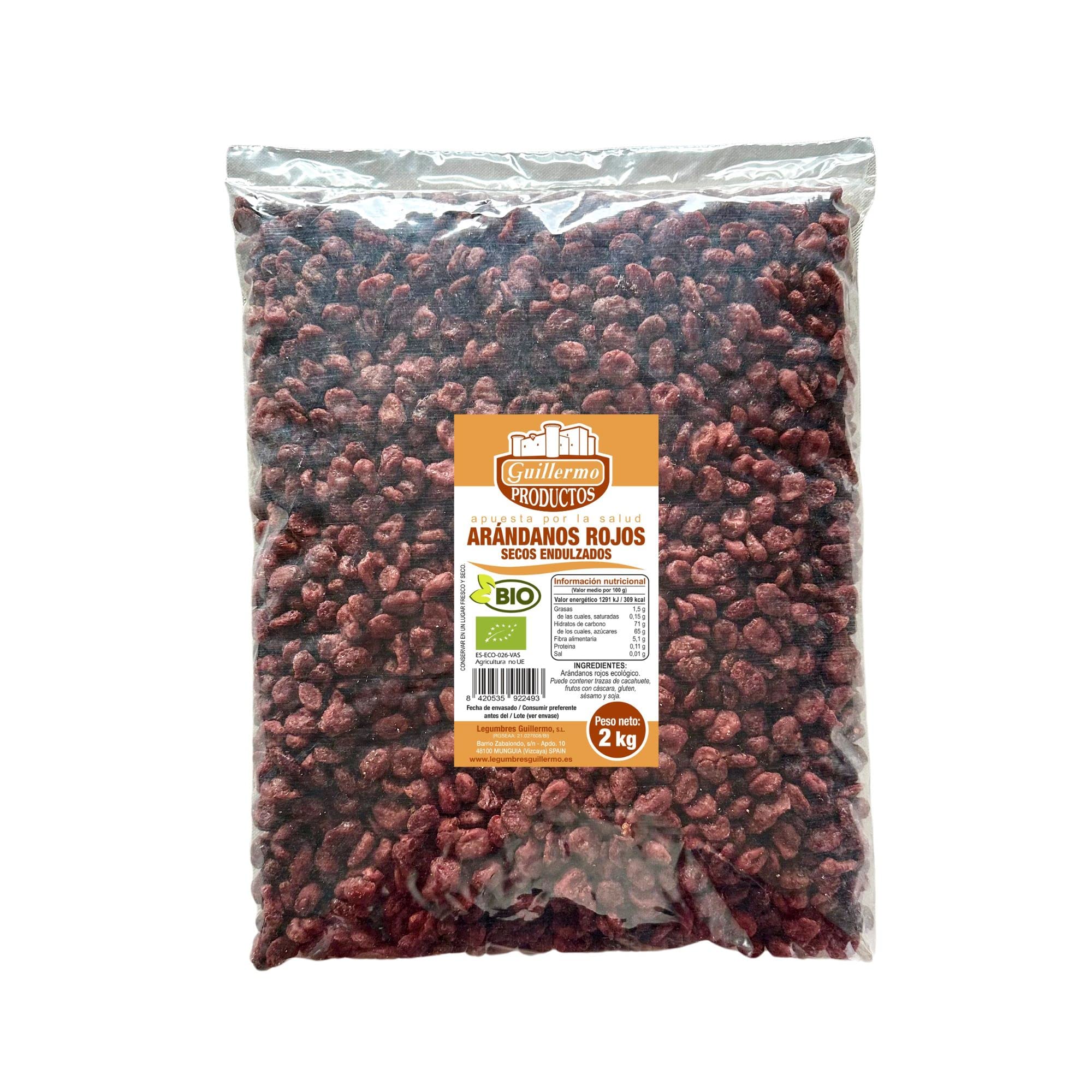 Guillermo | Arándanos rojos secos BIO - Bolsa 2kg. | 100% ecológico | Mejora la salud del cabello | Reduce la tensión arterial y favorece la presencia del colesterol bueno