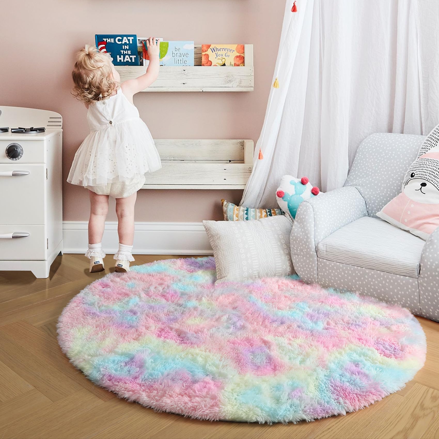 Amdrebio Tapis rond moelleux arc-en-ciel pour chambre de fille, tapis coloré pastel à poils longs, tapis kawaii doux et pelucheux pour chambre de bébé ou salle de jeux, 1,2 m