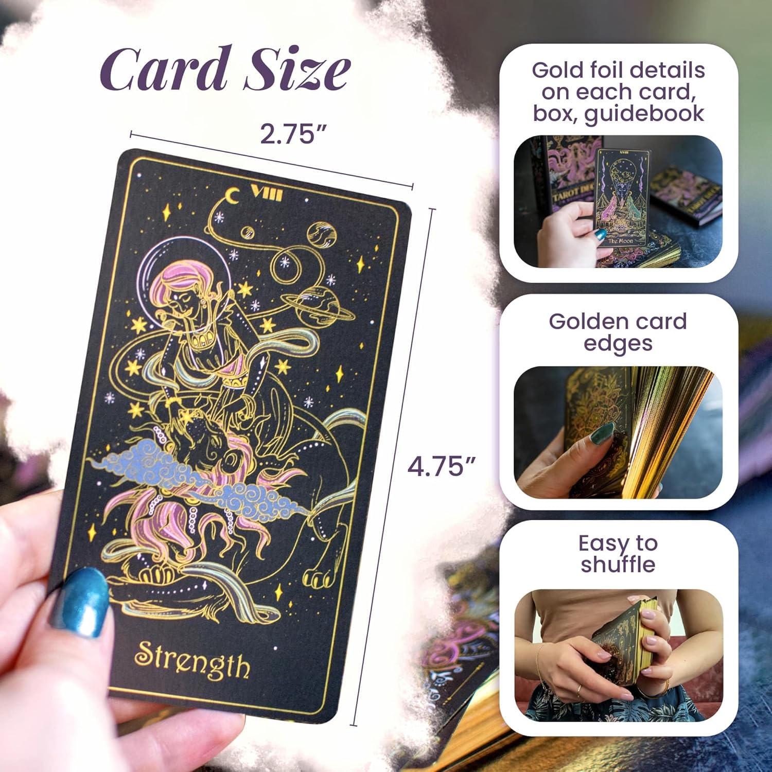Calmoura Tridevia Tarot Cards with Guide Book, 78-Card Rider-Waite Inspired Deck with Meanings on Them, Gold Details and Gilded Edges for Beginners and Experts