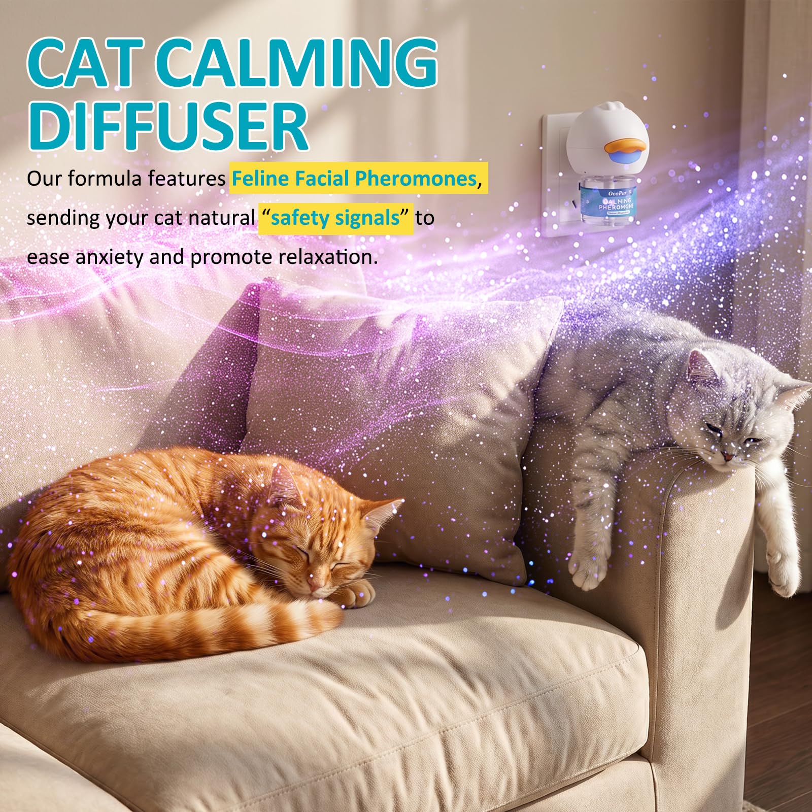 OcePor Diffuseur apaisant pour chat, 12 solutions de recharge, 3 prises - Recharge de diffuseur apaisant de phéromones pour apaiser les chats, soulager l'anxiété des chats
